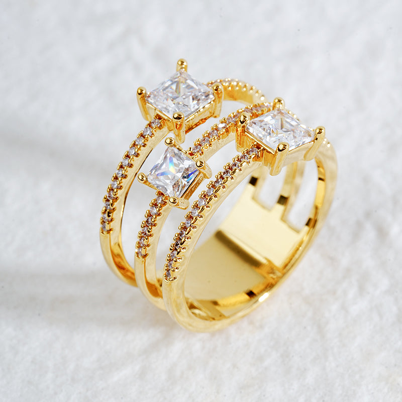 Triple-Row Square-Cut CZ Ring | Available in Gold & Silver | OEM Jewelry Manufacturer
