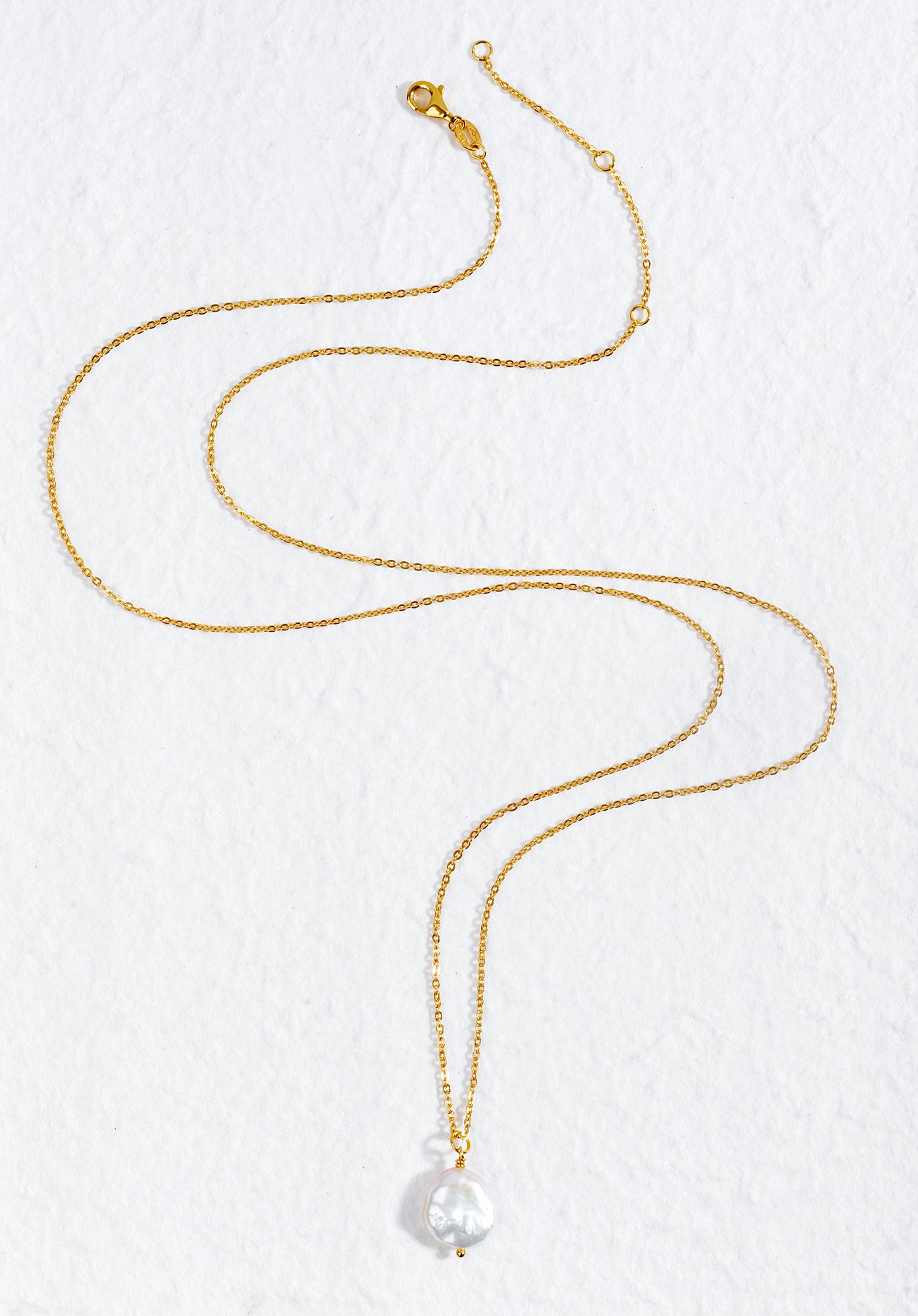 23ct Gold Plated Long Necklace with Natural Coin Pearl Pendant – 925 Sterling Silver