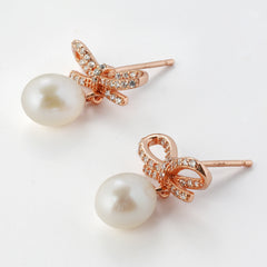 Rose-Gold Plated 925 Silver Bow CZ Earrings with Freshwater Pearl Drops
