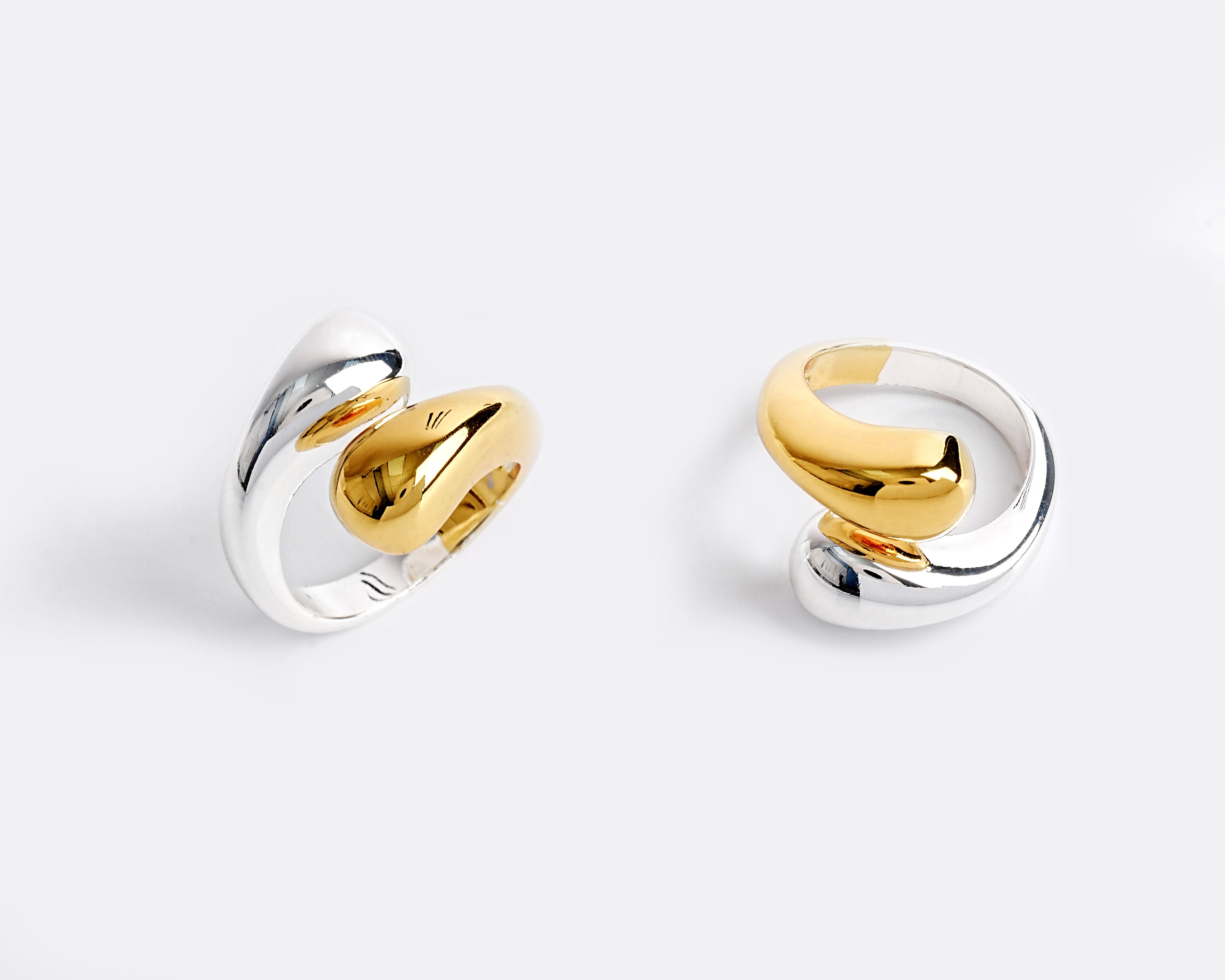 Two-Tone Fluid Open Ring | Polished Rhodium & Gold Plated Brass Statement Ring for Wholesale & OEM