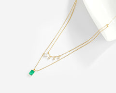 Layered Gold Necklace with Emerald Green CZ Pendant | 14K Gold Plated Brass | Double Chain Design for Women | Wholesale Fashion Jewelry