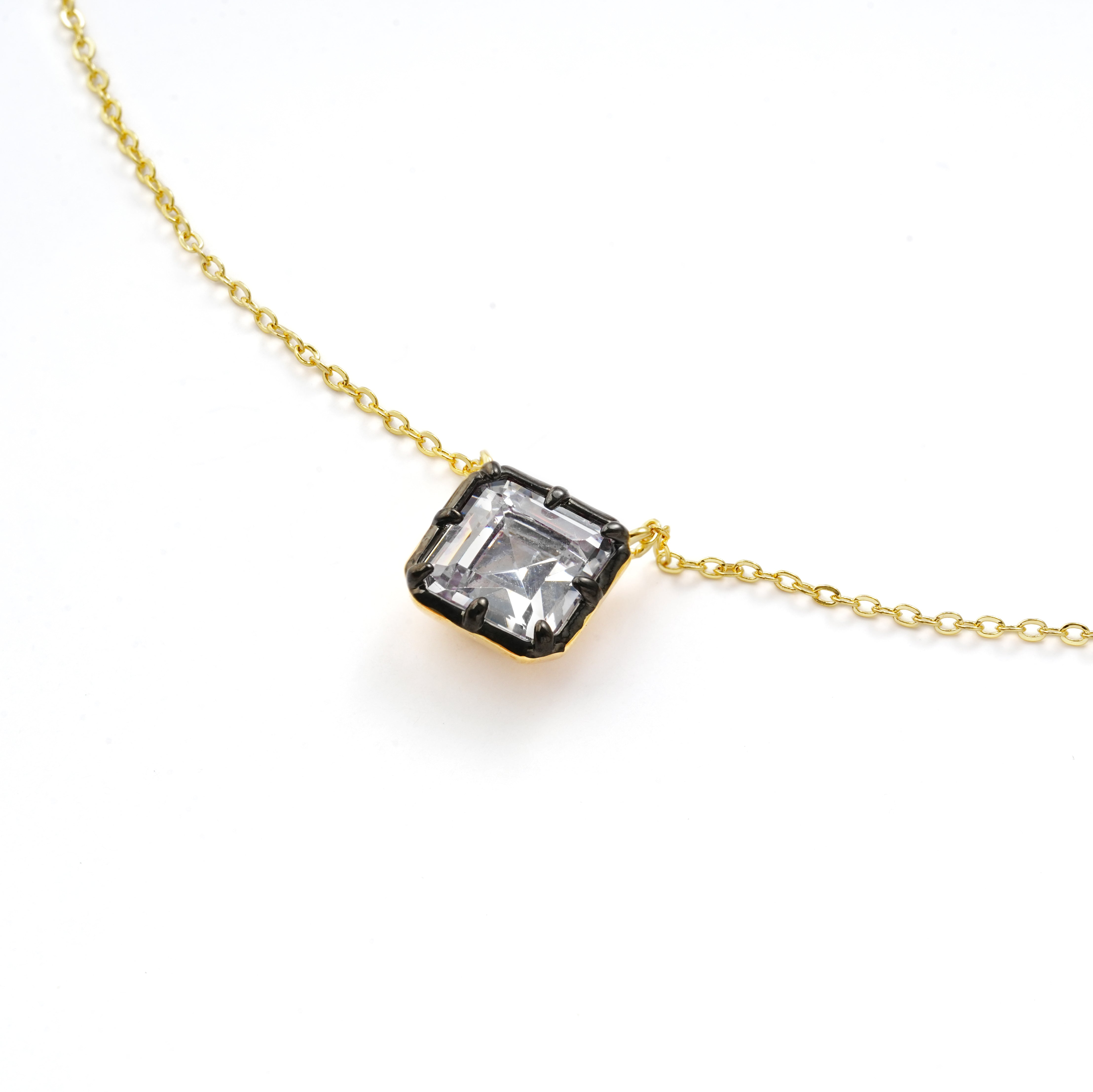 Square CZ Necklace with Gunmetal Bezel – 14K Gold Plated