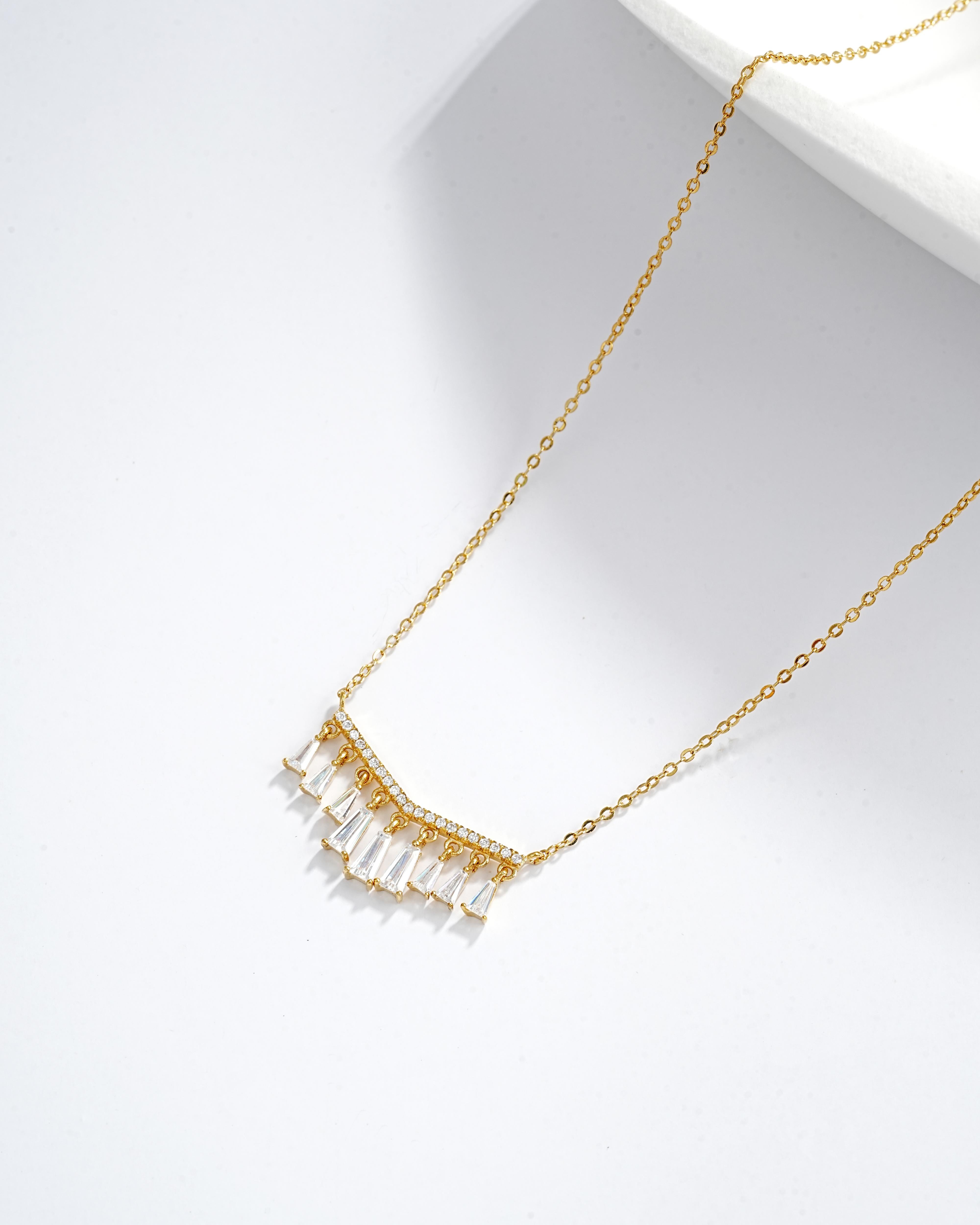 Gold Plated CZ Baguette Necklace | Dainty Fringe Design | 14K Gold Brass | Elegant Layering Necklace for Women