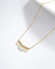 Gold Plated CZ Baguette Necklace | Dainty Fringe Design | 14K Gold Brass | Elegant Layering Necklace for Women
