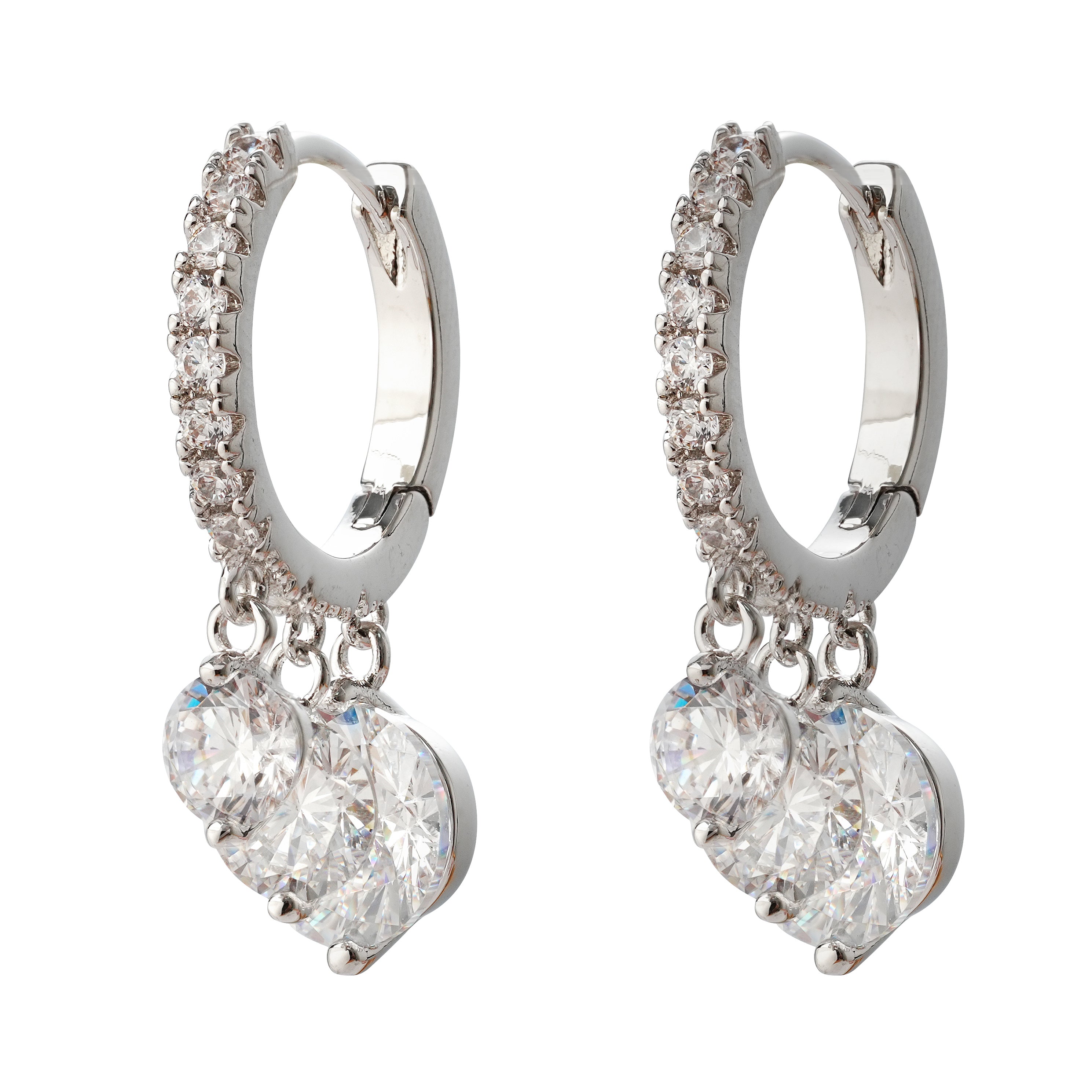 Graduated Triple-Stone Drop Pavé Hoop Earrings with 3A Cubic Zirconia