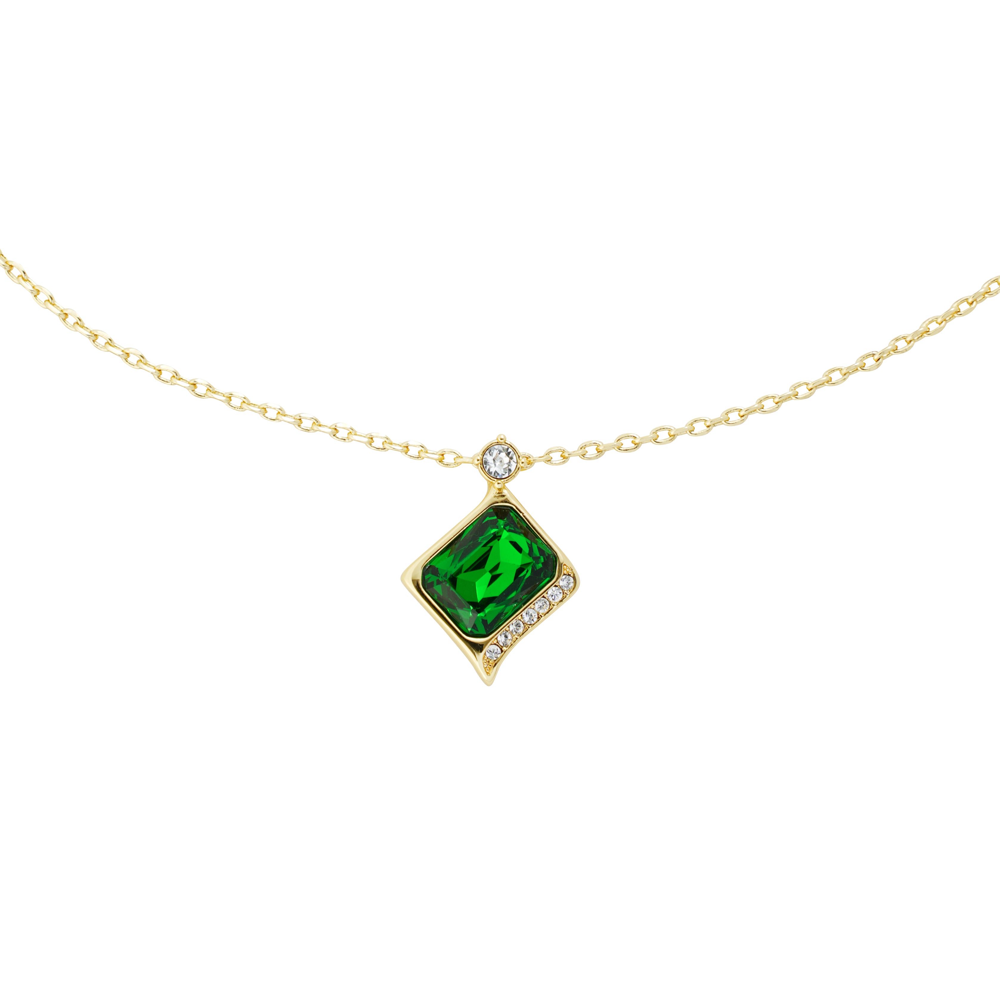 Diagonal Emerald-Green Baguette Rhinestone Pendant Necklace – 1.3 mm Anchor Chain, High-Quality Imitation Gold Plating