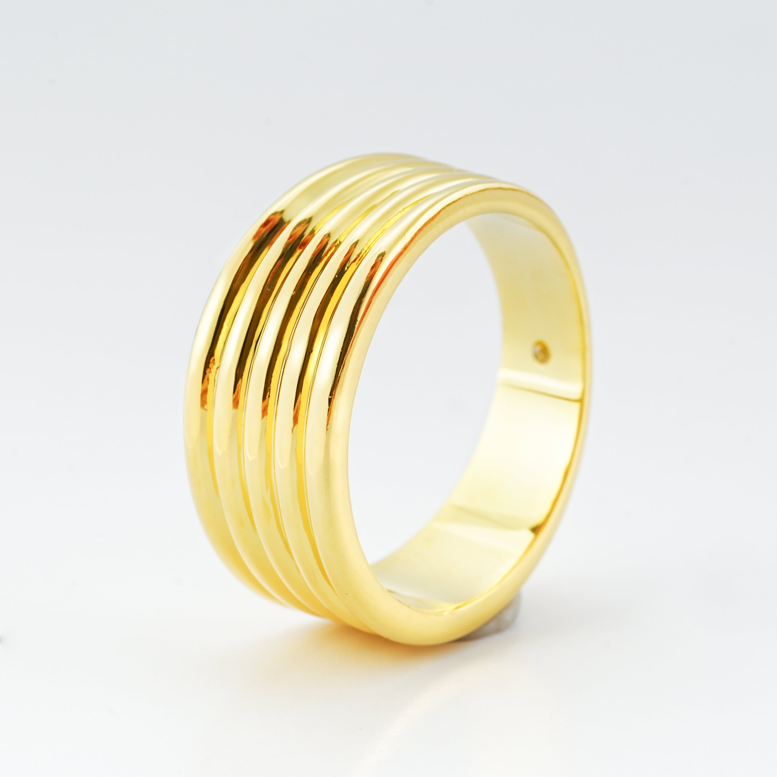 Multi-Ridge Polished Band Ring | Brass Base with 14K Gold Plating | High-Gloss Striped Texture Design