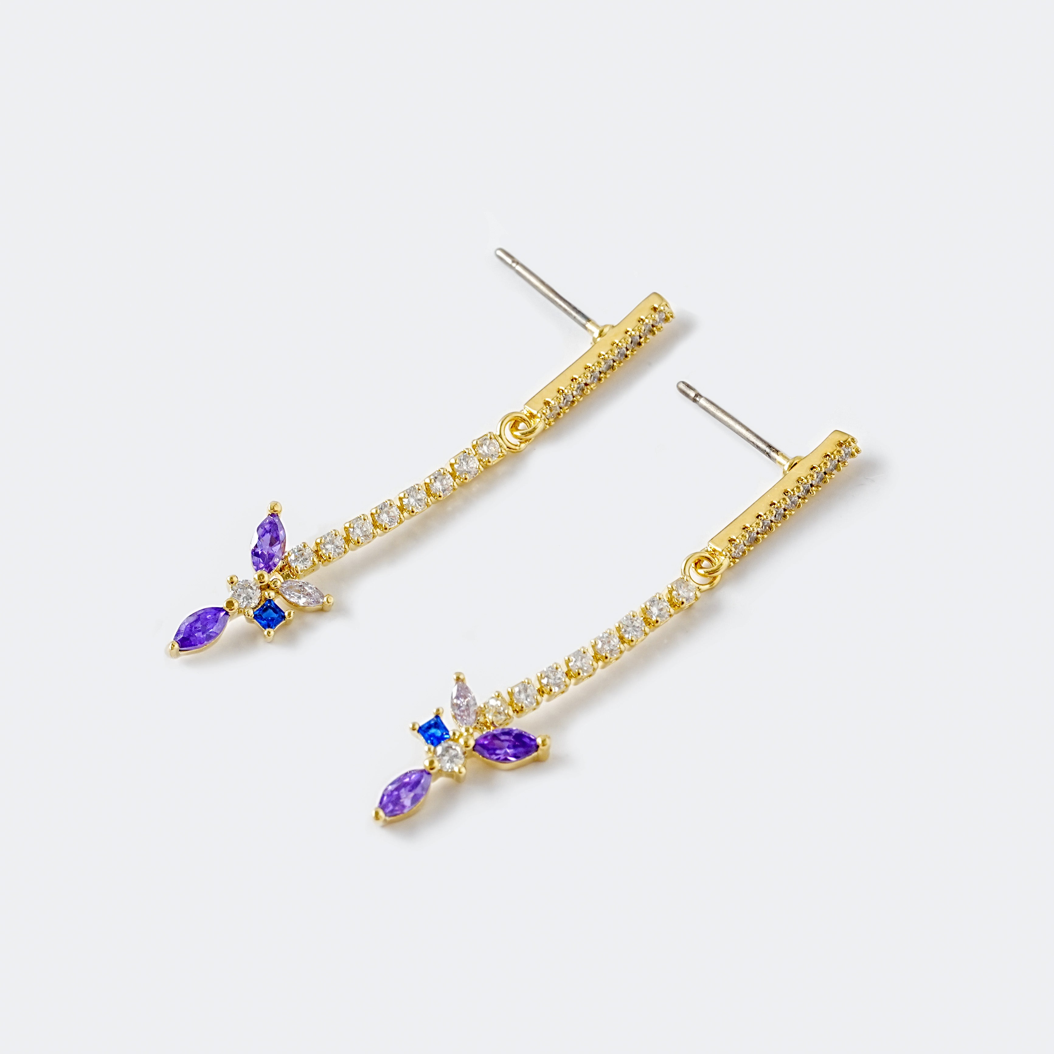 Orchid-Inspired Drop Earrings | 14K Gold Plated Brass | Multi-Color CZ Stones