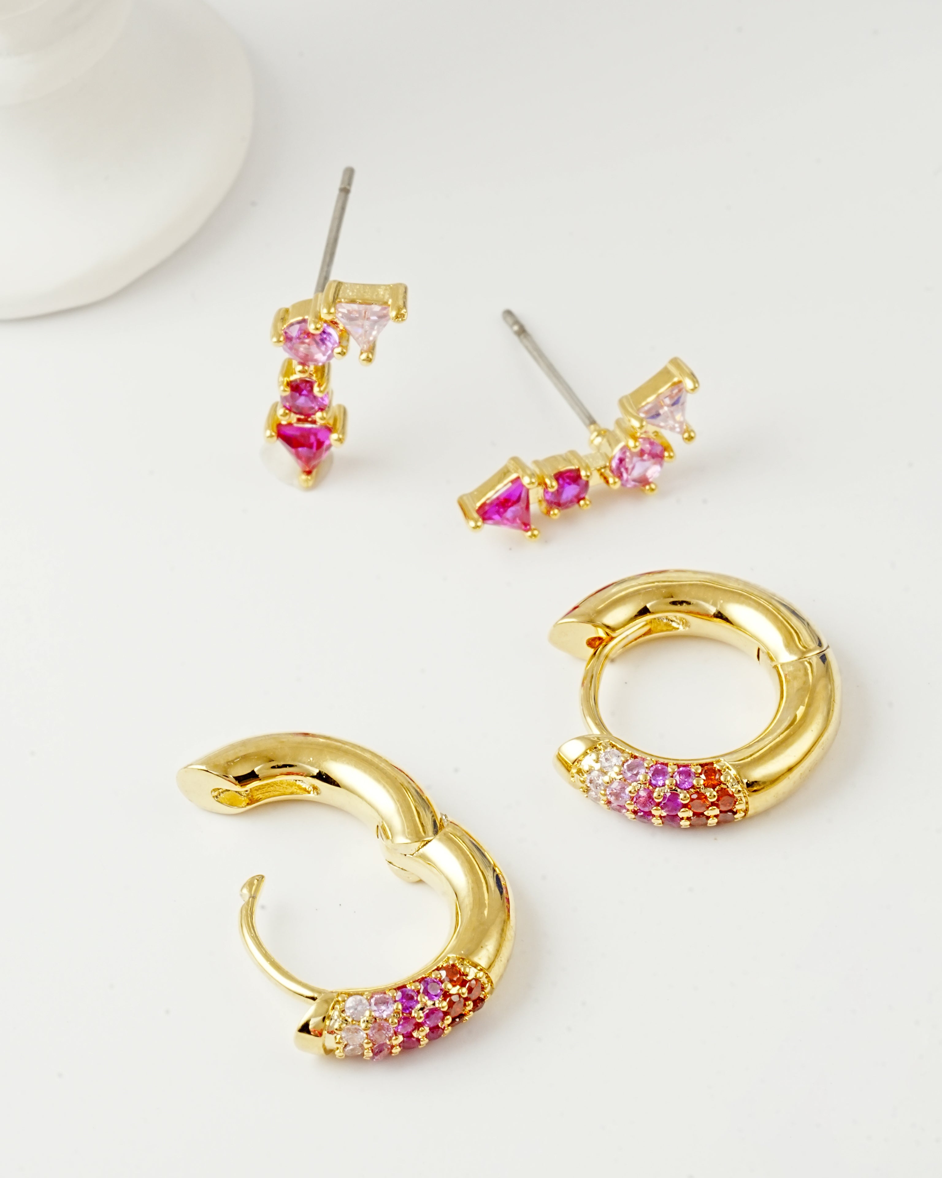 Gradient Pink Zirconia 2-Piece Earring Set | Hoop & Stud Combination | Brass + 14K Gold Plated