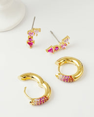 Gradient Pink Zirconia 2-Piece Earring Set | Hoop & Stud Combination | Brass + 14K Gold Plated