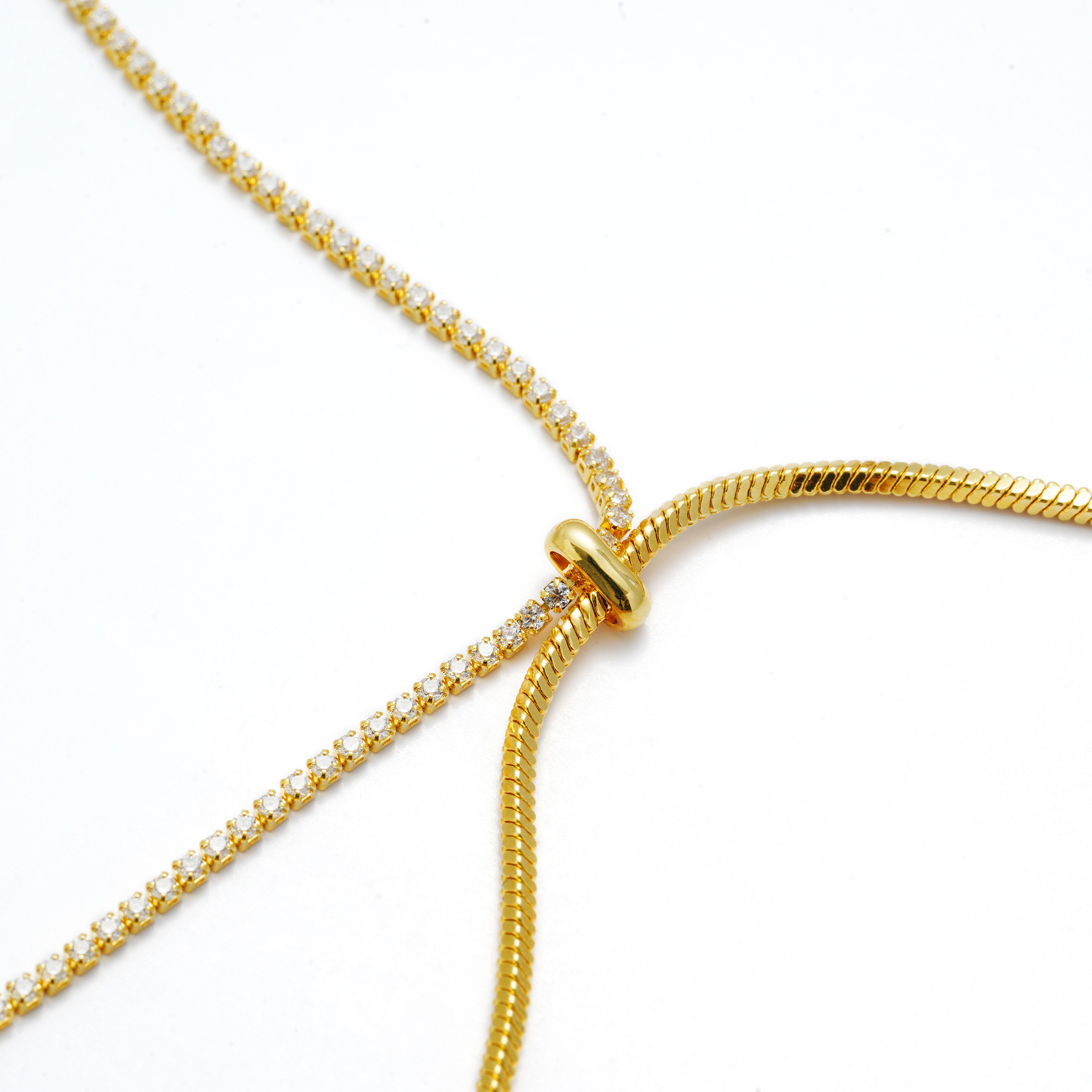 Two-Tone Fixed Lariat Necklace | 14K Gold Plated Brass with CZ Chain & Smooth Chain | Minimalist Statement Jewelry OEM