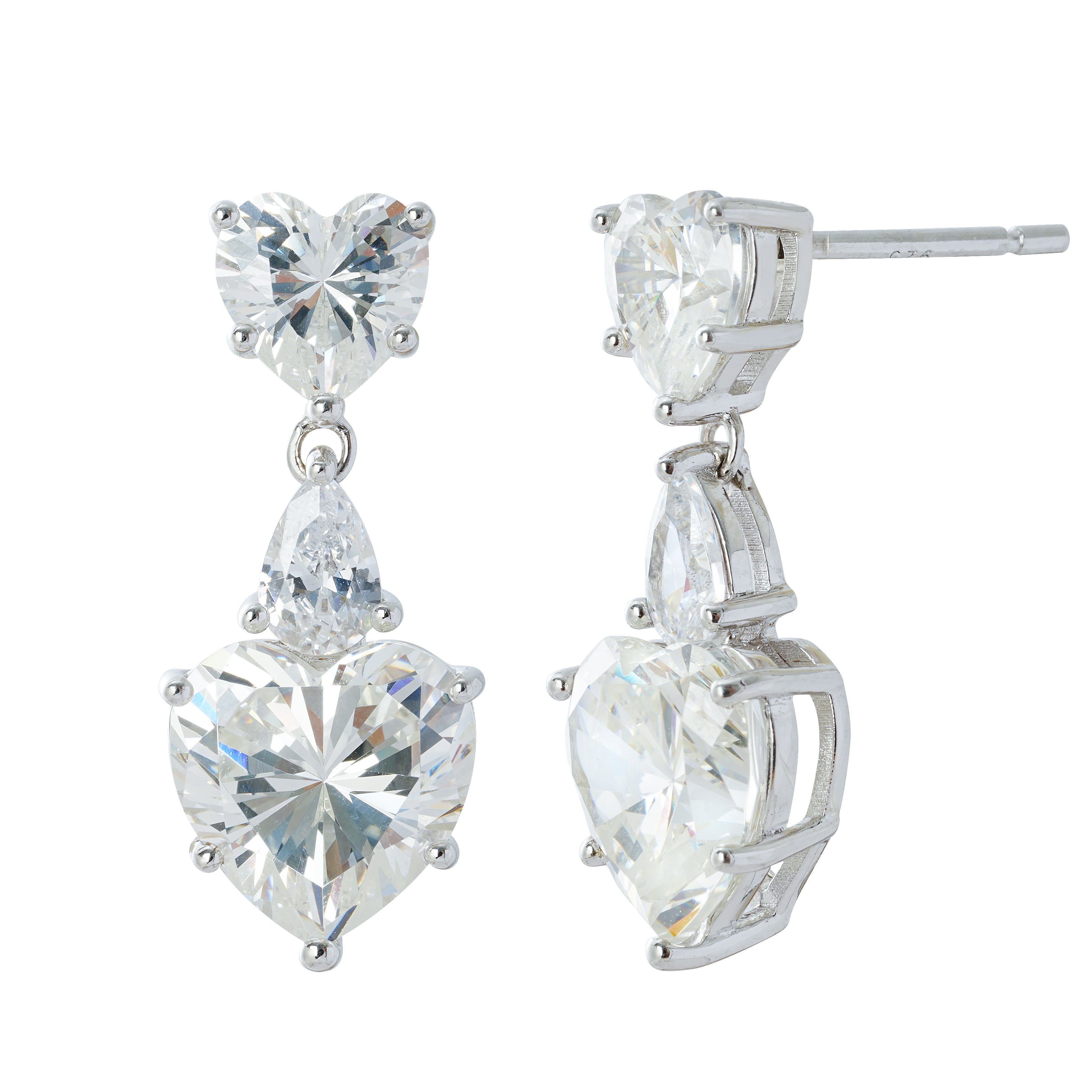 Heart CZ Dangle Earrings Wholesale | Rhodium Plated Brass Studs | Double Heart Drop Fashion Jewelry Supplier | OEM/ODM Manufacturer