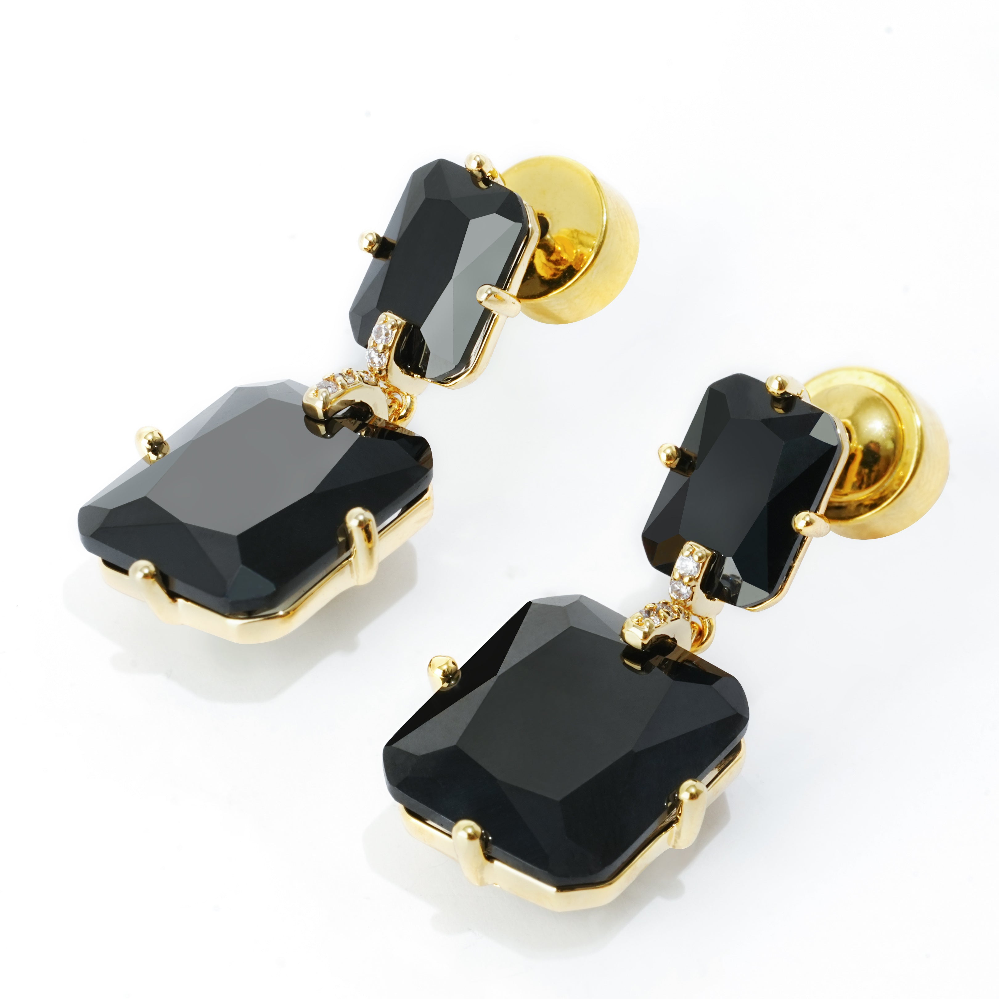 Black CZ Stud Earrings | Rectangular 3A Cubic Zirconia | 14K Gold Plated Brass | Modern Minimalist Jewelry Manufacturer