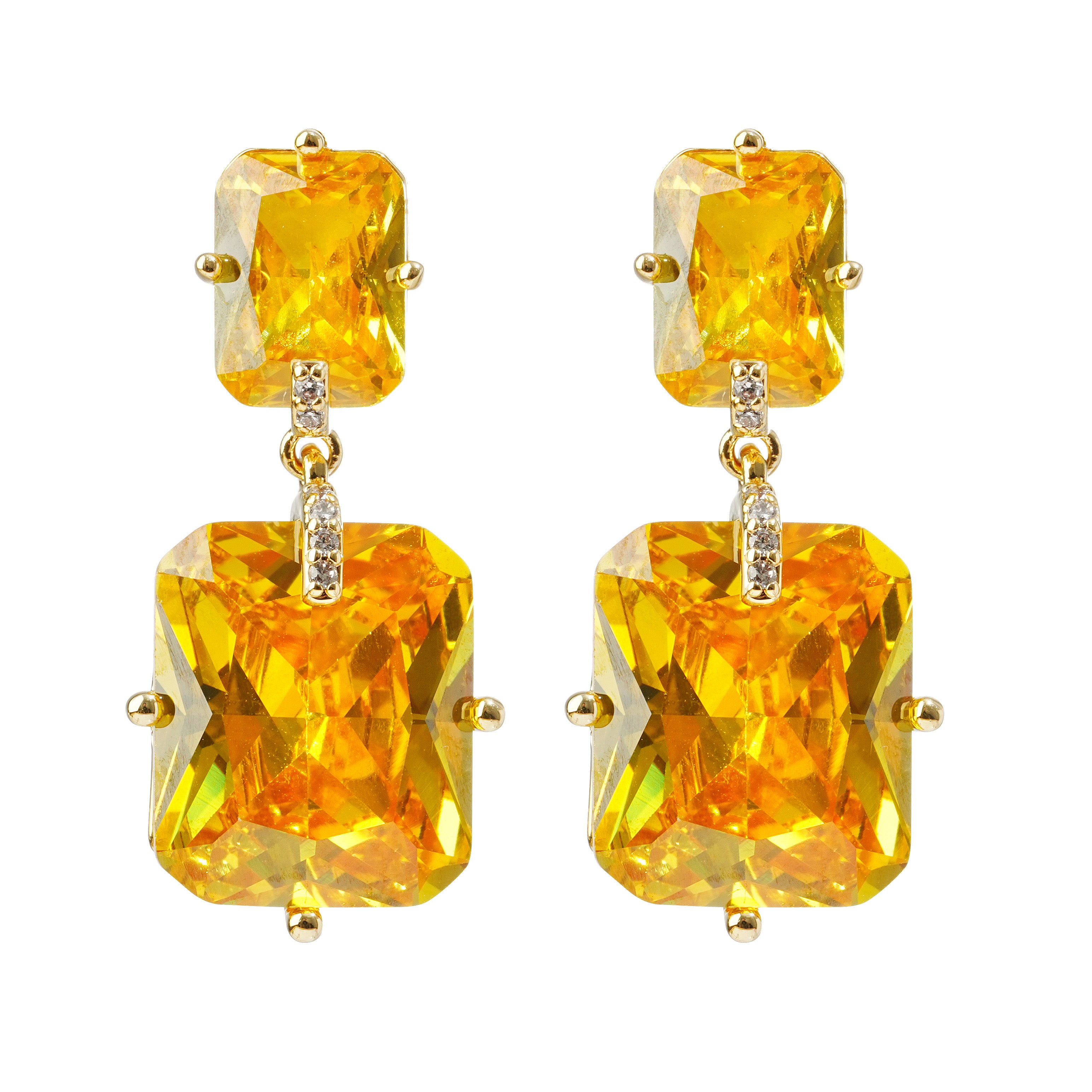 Golden Yellow CZ Stud Earrings | Rectangular 3A Cubic Zirconia | 14K Gold Plated Brass | Elegant Minimalist Jewelry for Women