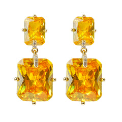 Golden Yellow CZ Stud Earrings | Rectangular 3A Cubic Zirconia | 14K Gold Plated Brass | Elegant Minimalist Jewelry for Women