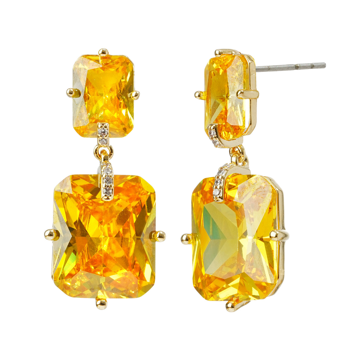 Golden Yellow CZ Stud Earrings | Rectangular 3A Cubic Zirconia | 14K Gold Plated Brass | Elegant Minimalist Jewelry for Women