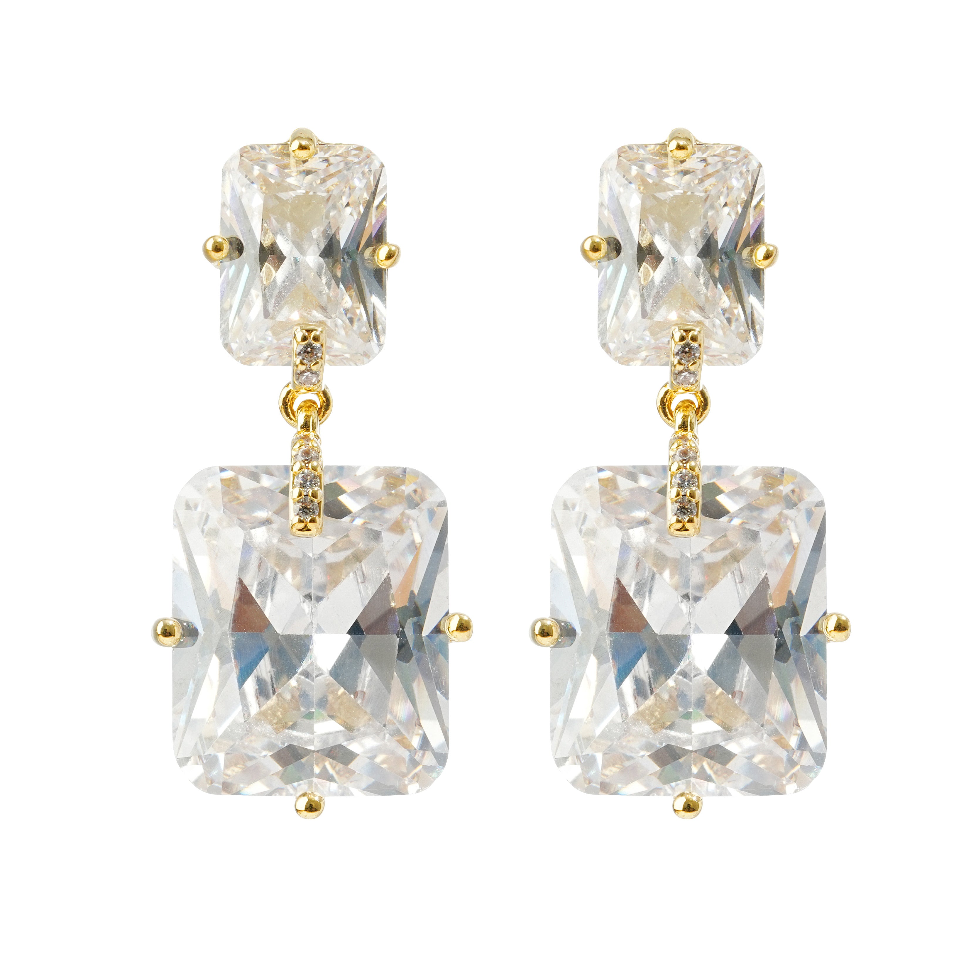 Luxury Rectangular CZ Drop Earrings | 3A Cubic Zirconia Gold Plated Brass Earrings | OEM Fashion Jewelry Manufacturer