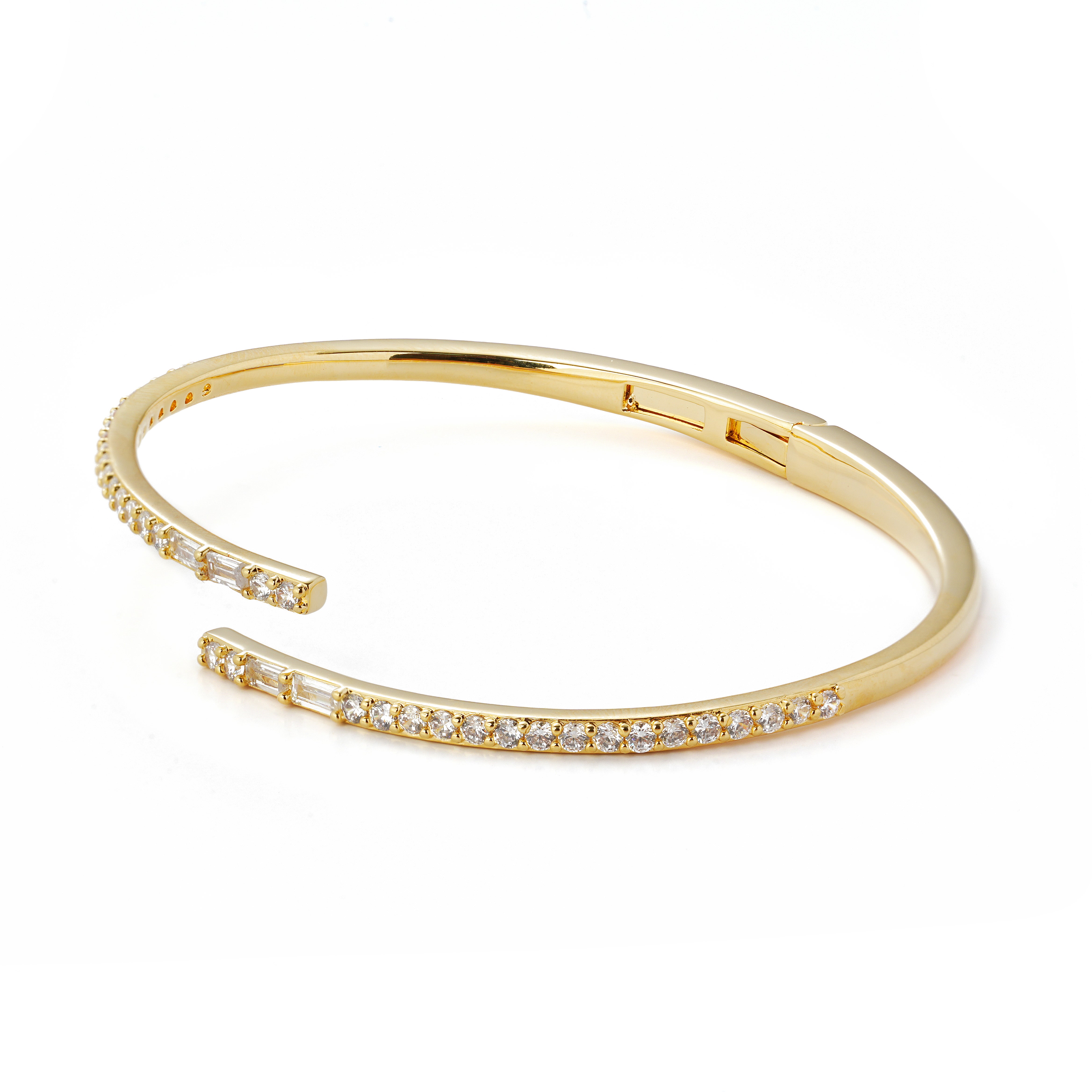 Offset Open Bangle | Half Zirconia, Half Polished | Brass Base with 14K Gold Plated (7 mils)