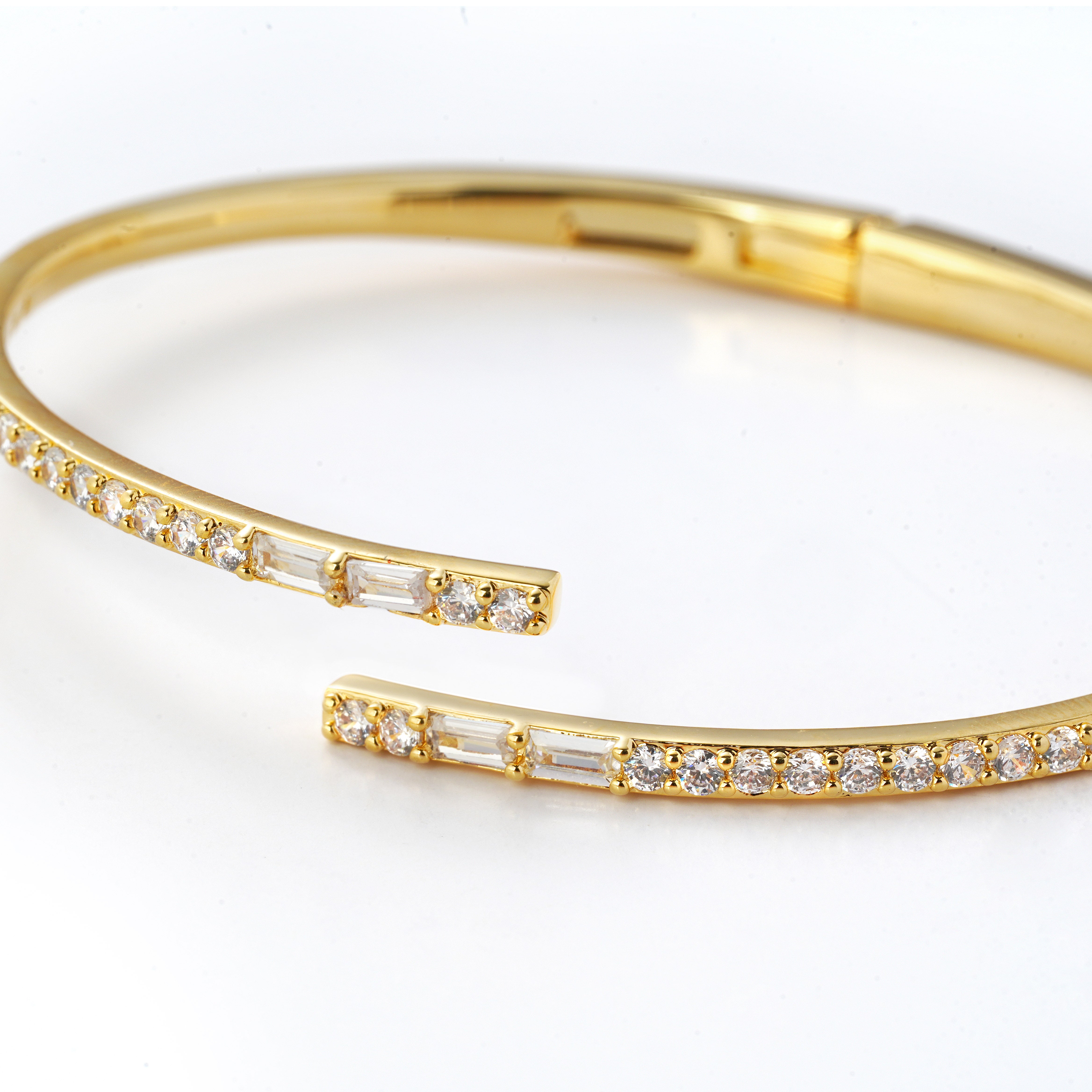 Offset Open Bangle | Half Zirconia, Half Polished | Brass Base with 14K Gold Plated (7 mils)