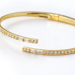 Offset Open Bangle | Half Zirconia, Half Polished | Brass Base with 14K Gold Plated (7 mils)