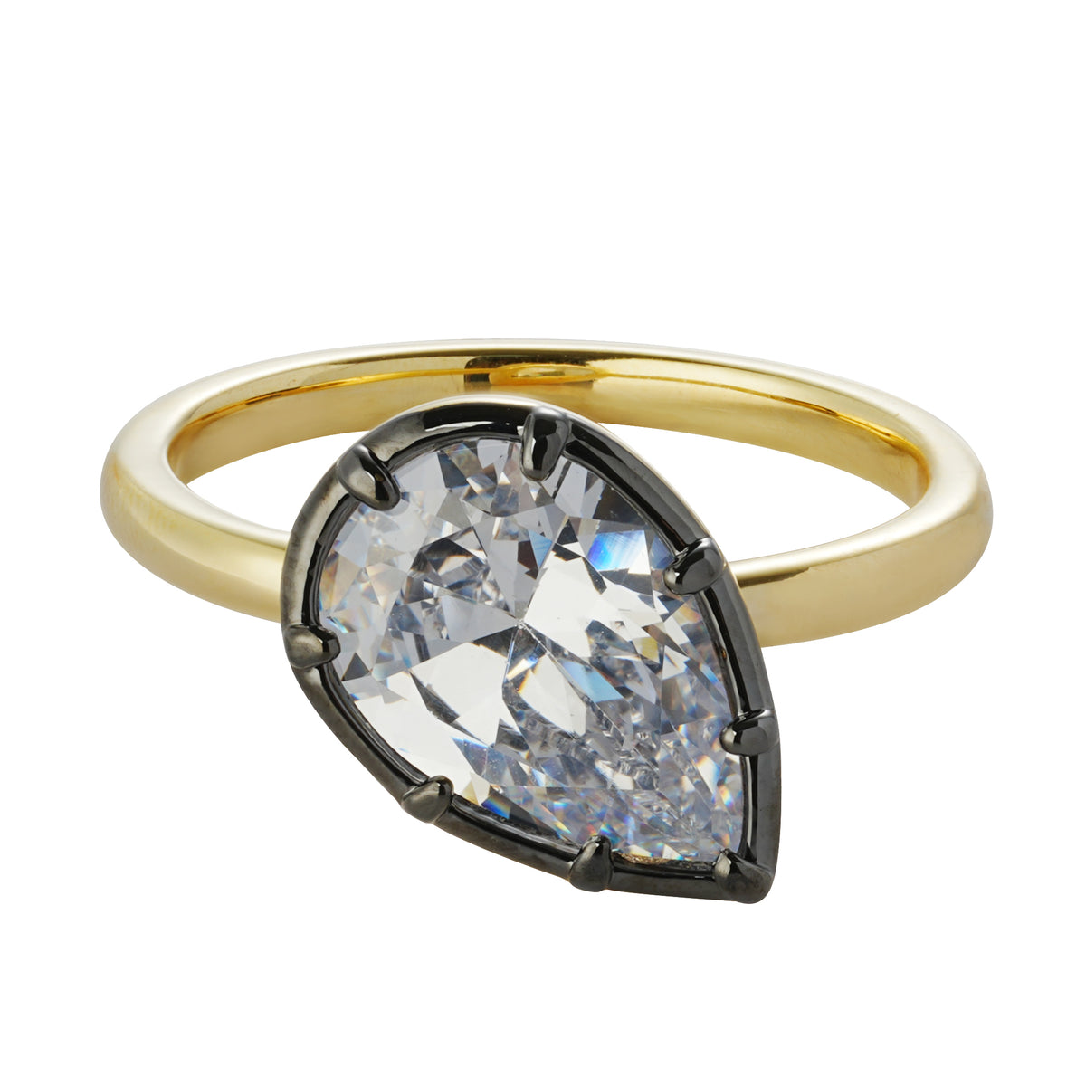 Dual-Tone 14K Gold & Gunmetal Plated Ring with Tilted Pear-Cut Zircon