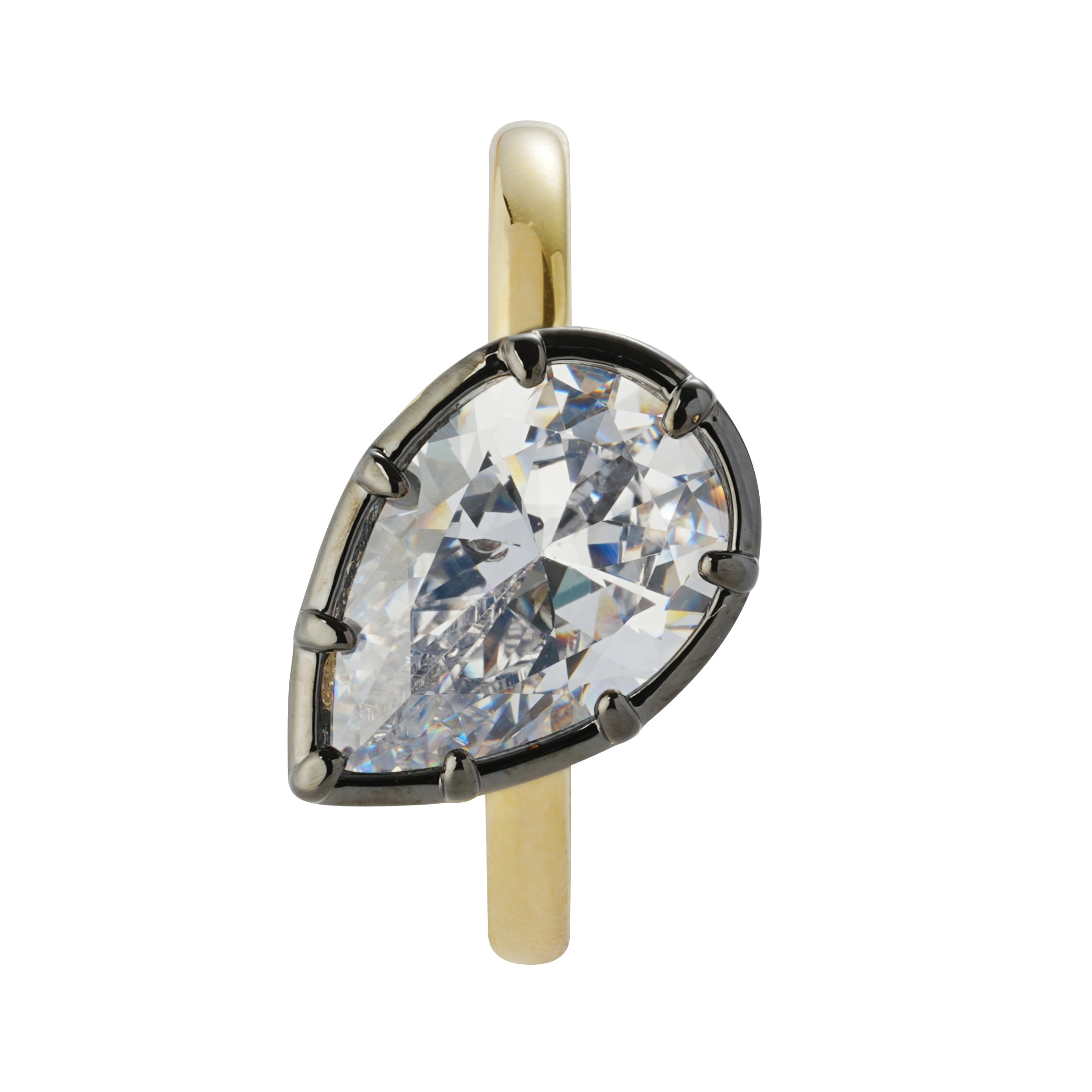 Dual-Tone 14K Gold & Gunmetal Plated Ring with Tilted Pear-Cut Zircon