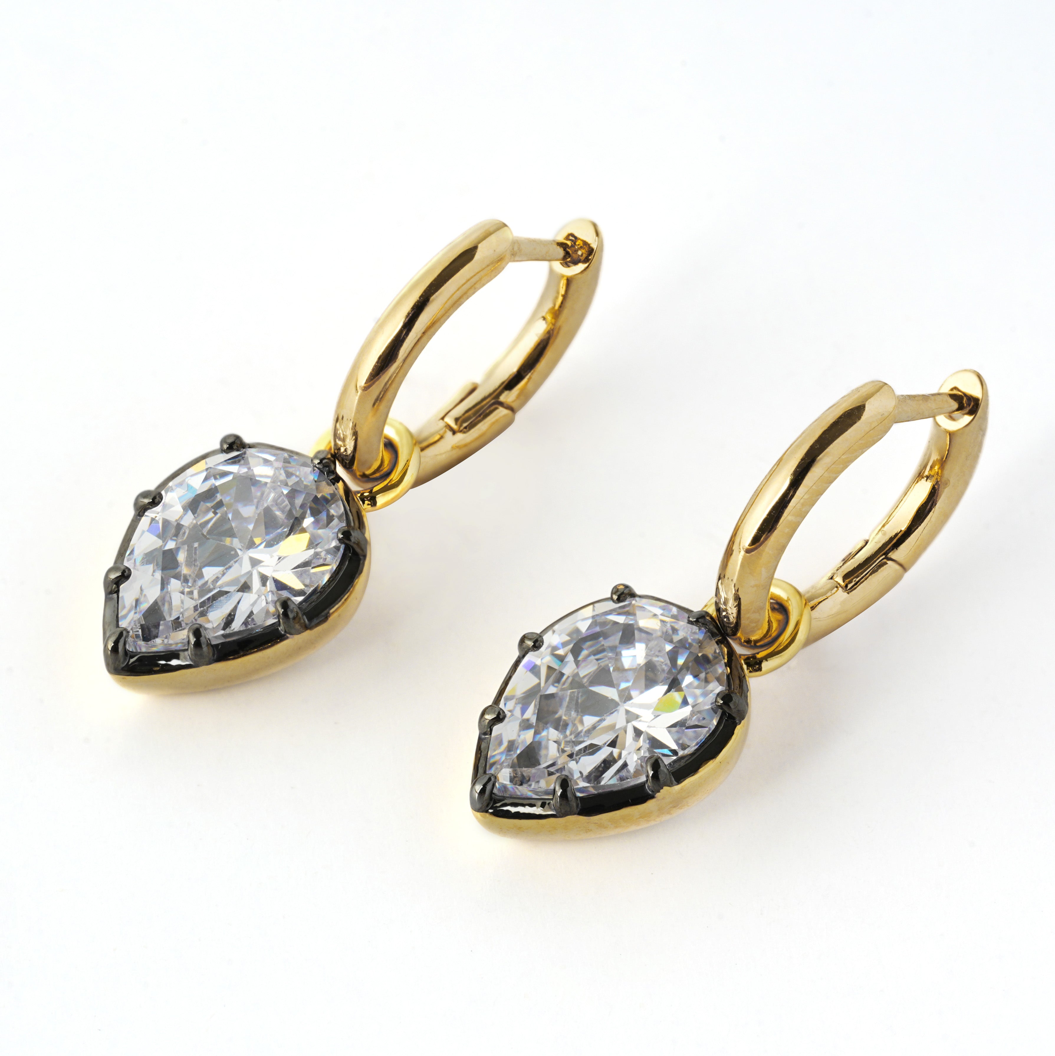 Dual-Tone 14K Gold & Gunmetal Plated Hoop Earrings with 3A Pear-Cut Zircon