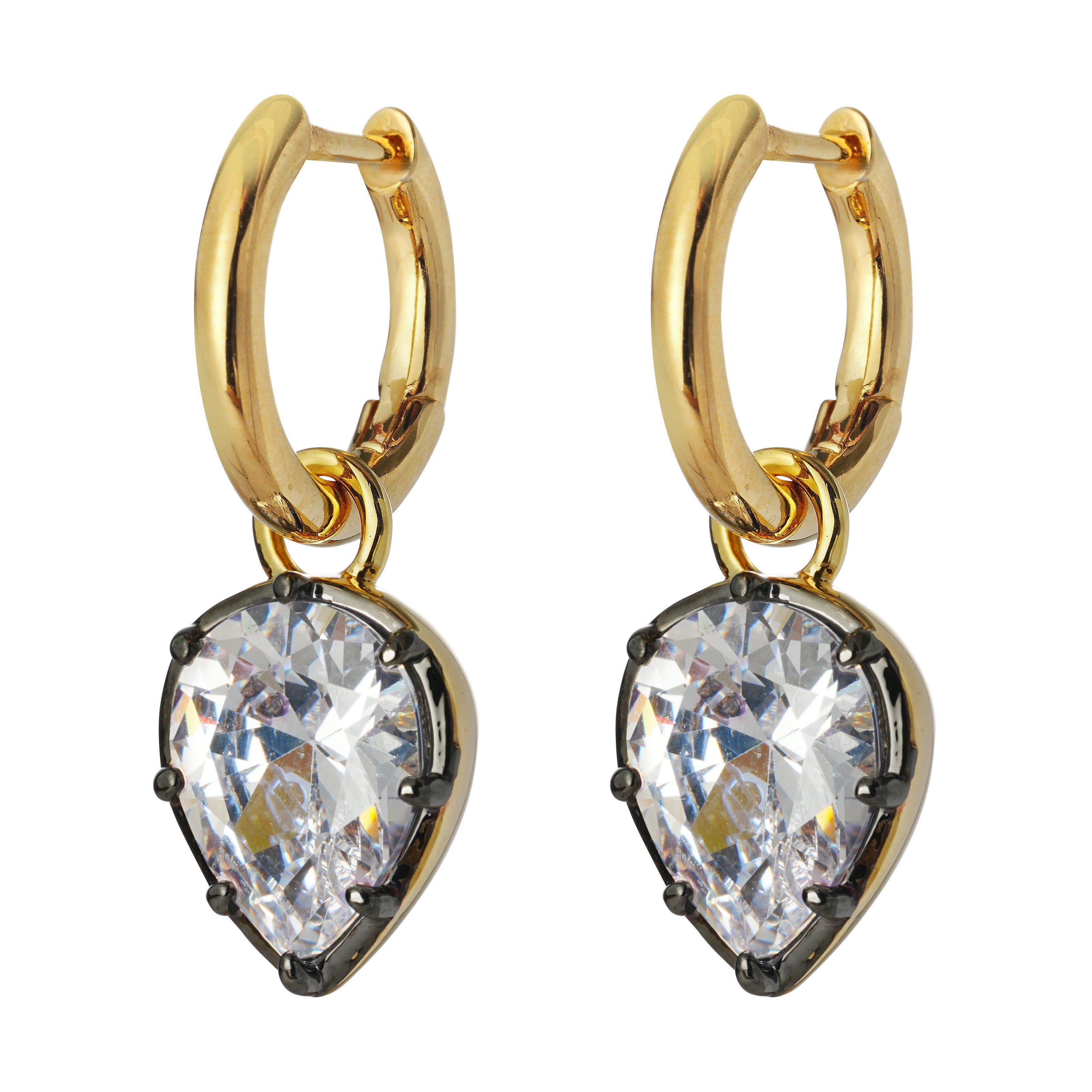 Dual-Tone 14K Gold & Gunmetal Plated Hoop Earrings with 3A Pear-Cut Zircon
