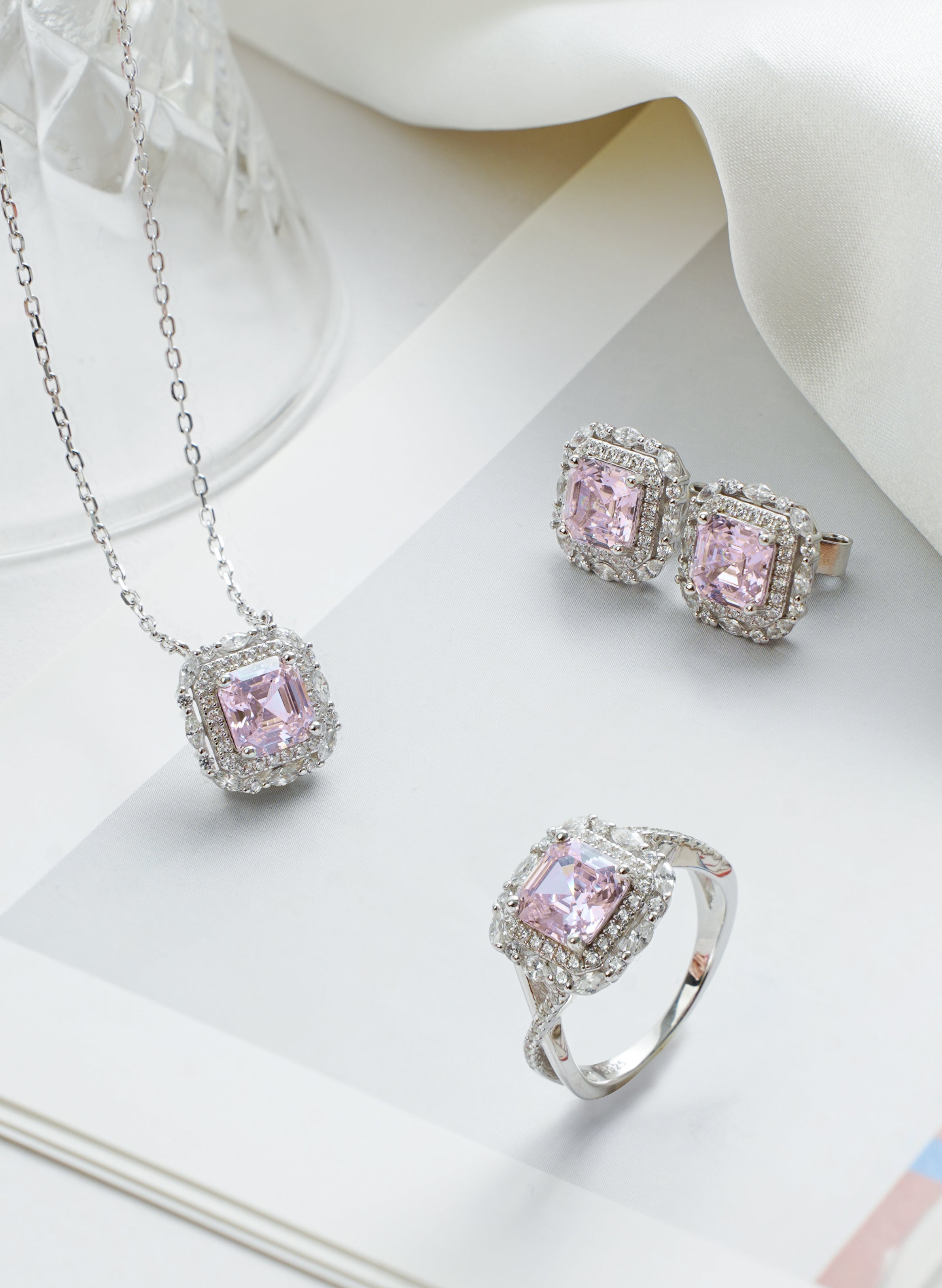 925 Sterling Silver Jewelry Set  – Pink Crushed Ice Stone Halo Necklace, Earrings & Ring | Regent Jewelry OEM ODM Supplier Since 1968
