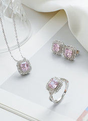 925 Sterling Silver Jewelry Set  – Pink Crushed Ice Stone Halo Necklace, Earrings & Ring | Regent Jewelry OEM ODM Supplier Since 1968