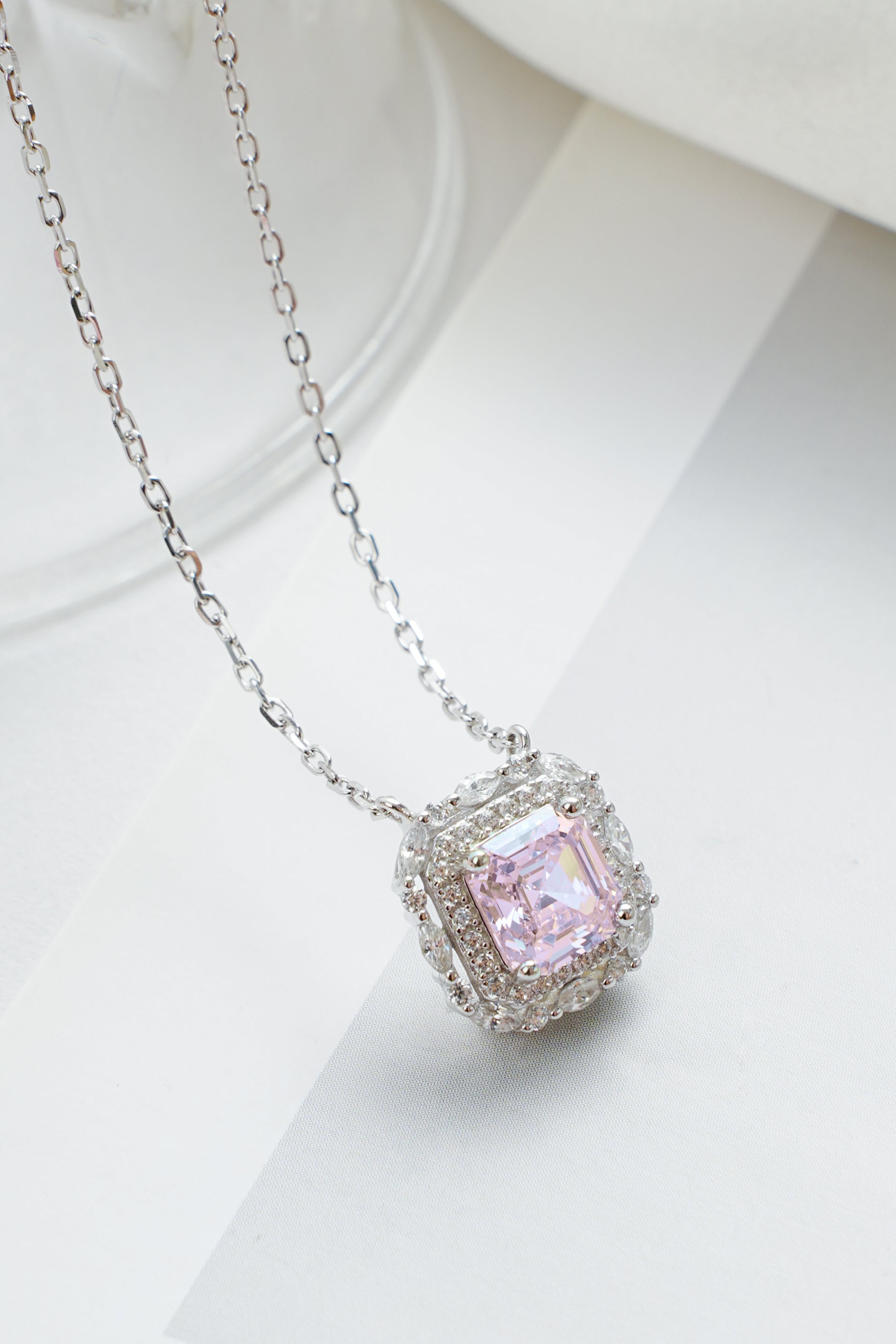 925 Sterling Silver Jewelry Set  – Pink Crushed Ice Stone Halo Necklace, Earrings & Ring | Regent Jewelry OEM ODM Supplier Since 1968