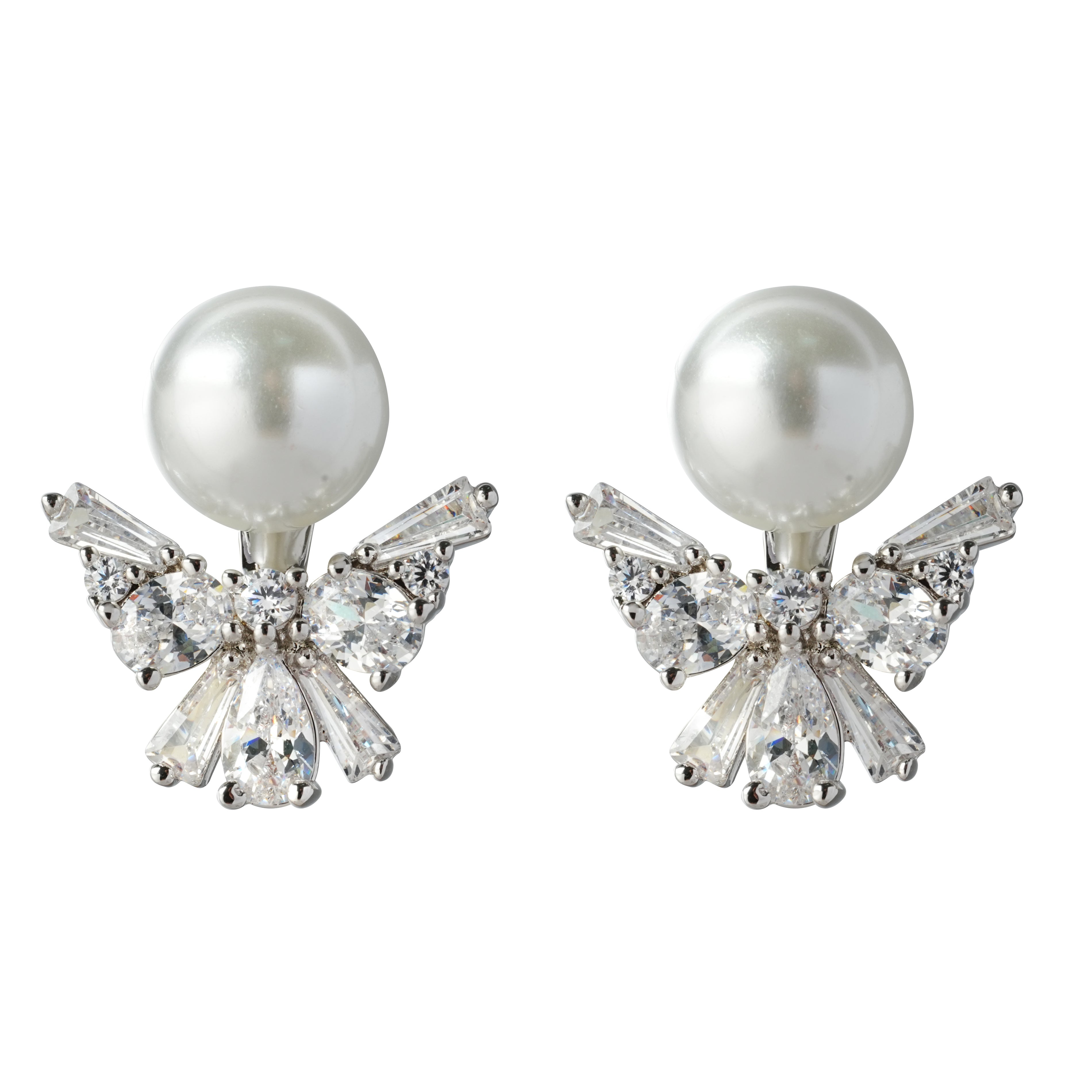 Angel-Inspired Pearl & CZ Stud Earrings — Rhodium-Plated Brass with Hypoallergenic Steel Post