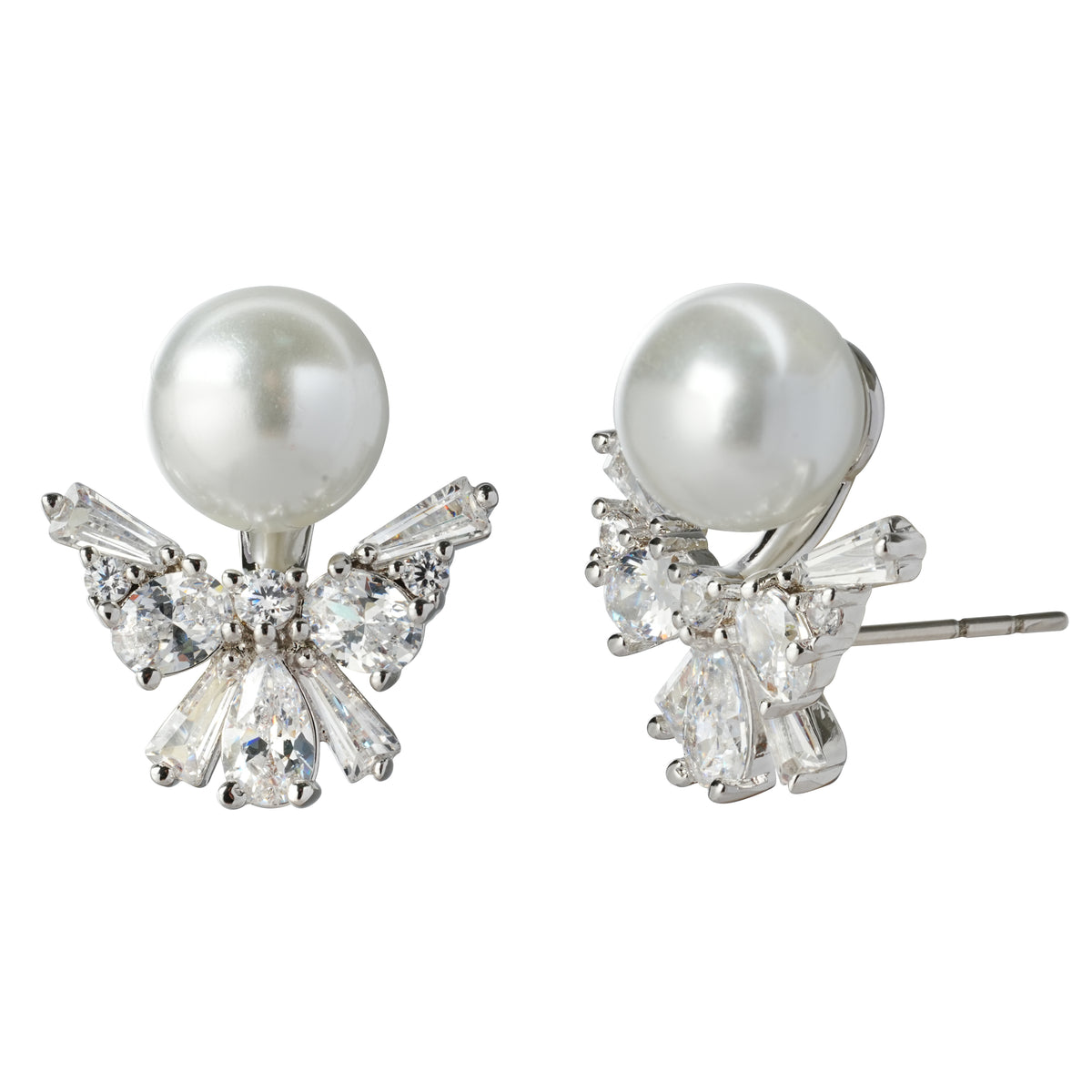 Angel-Inspired Pearl & CZ Stud Earrings — Rhodium-Plated Brass with Hypoallergenic Steel Post
