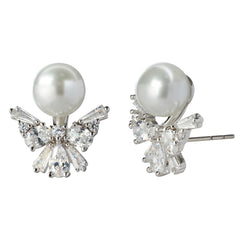 Angel-Inspired Pearl & CZ Stud Earrings — Rhodium-Plated Brass with Hypoallergenic Steel Post