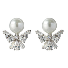 Angel-Inspired Pearl & CZ Stud Earrings — Rhodium-Plated Brass with Hypoallergenic Steel Post