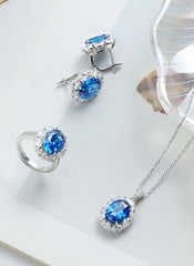 925 Sterling Silver Jewelry Set  – Sapphire Blue Ice Flower Stone Oval Set (Necklace, Earrings & Ring) | Regent Jewelry OEM ODM Supplier Since 1968