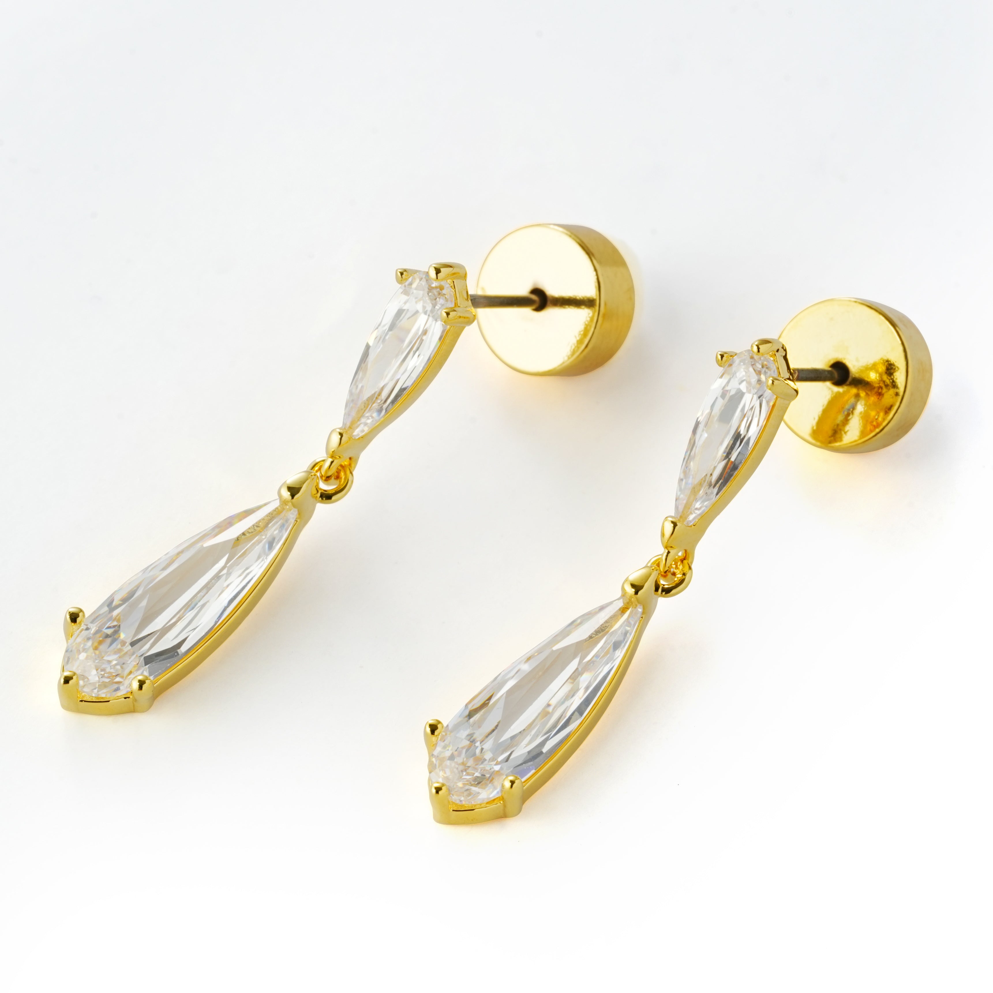 Elegant Double-Pear Drop Earrings with 3A Zircon – 14K Gold Plated Brass