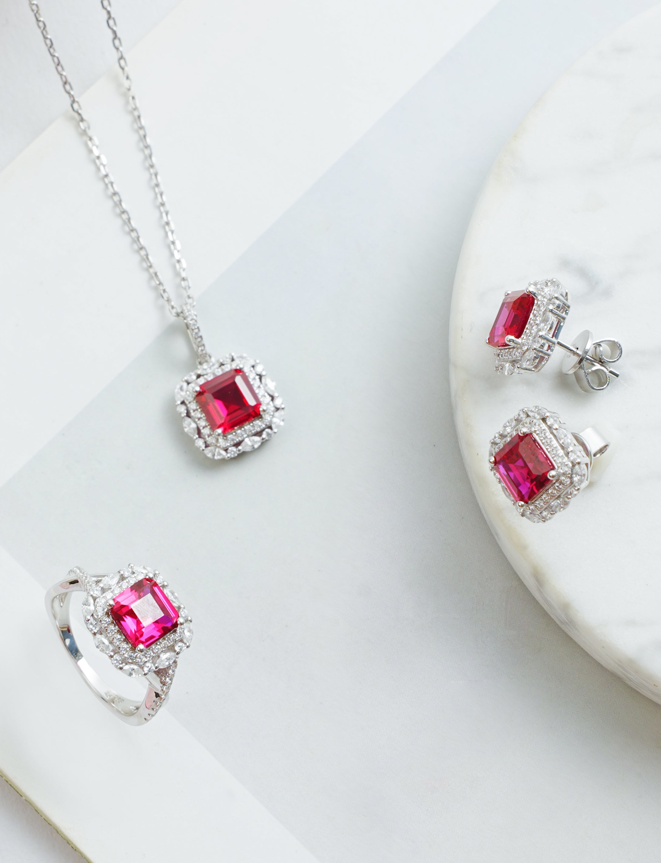 High-Quality 925 Silver Jewelry Set Supplier | Square Ruby Crushed Ice Stone Necklace Earring Ring | OEM ODM Fashion Jewelry Manufacturer