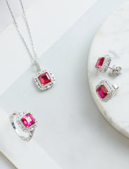High-Quality 925 Silver Jewelry Set Supplier | Square Ruby Crushed Ice Stone Necklace Earring Ring | OEM ODM Fashion Jewelry Manufacturer