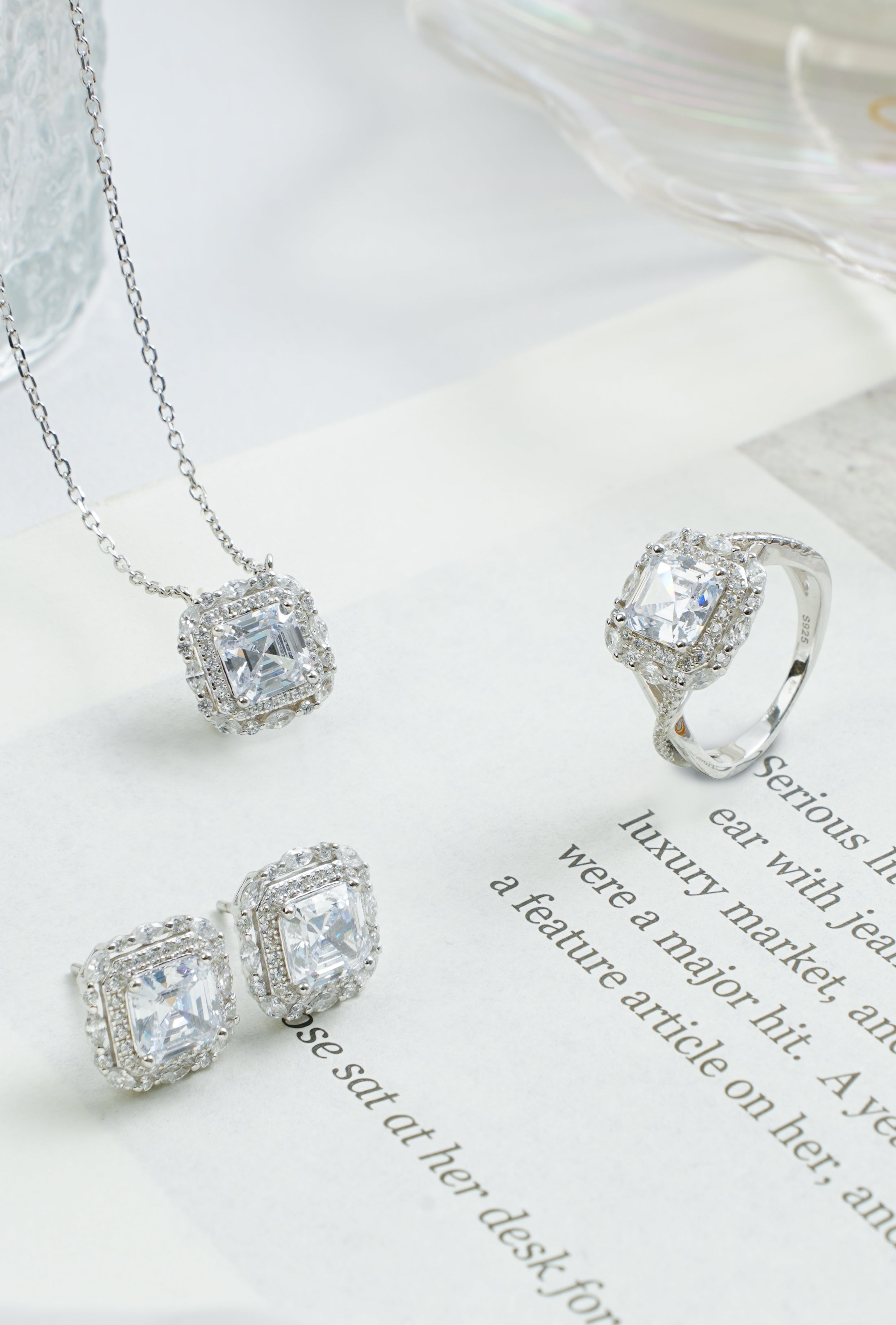 Luxury Crushed Ice Stone 925 Silver Jewelry Set | Square Halo CZ Bridal Necklace, Earrings & Ring | OEM Fine Jewelry Supplier
