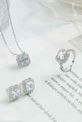 Luxury Crushed Ice Stone 925 Silver Jewelry Set | Square Halo CZ Bridal Necklace, Earrings & Ring | OEM Fine Jewelry Supplier