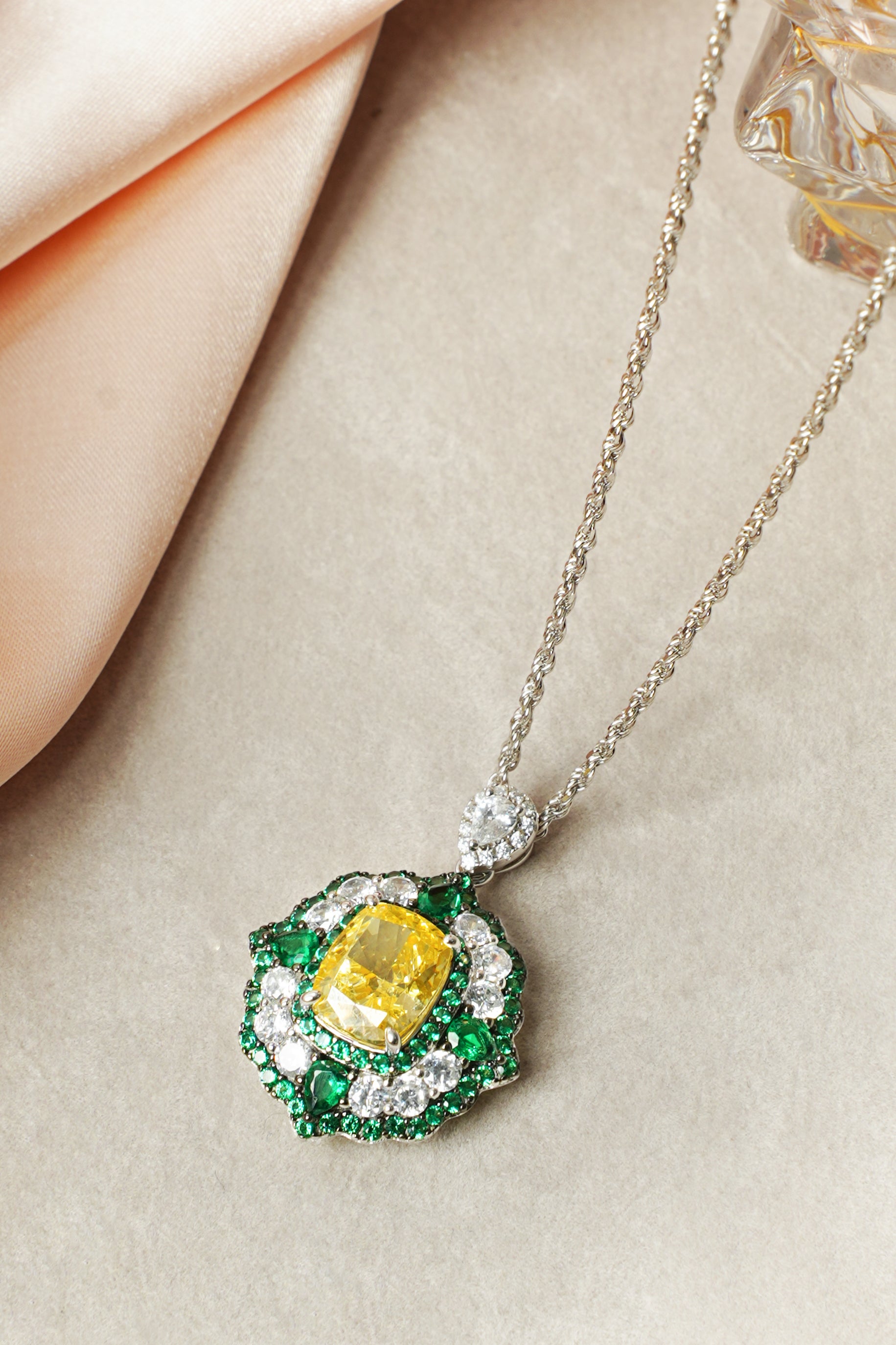 Luxury Yellow & Green Crushed Ice Stone Jewelry Set | 925 Silver Halo Necklace, Earrings & Ring | Wholesale OEM Jewelry Manufacturer