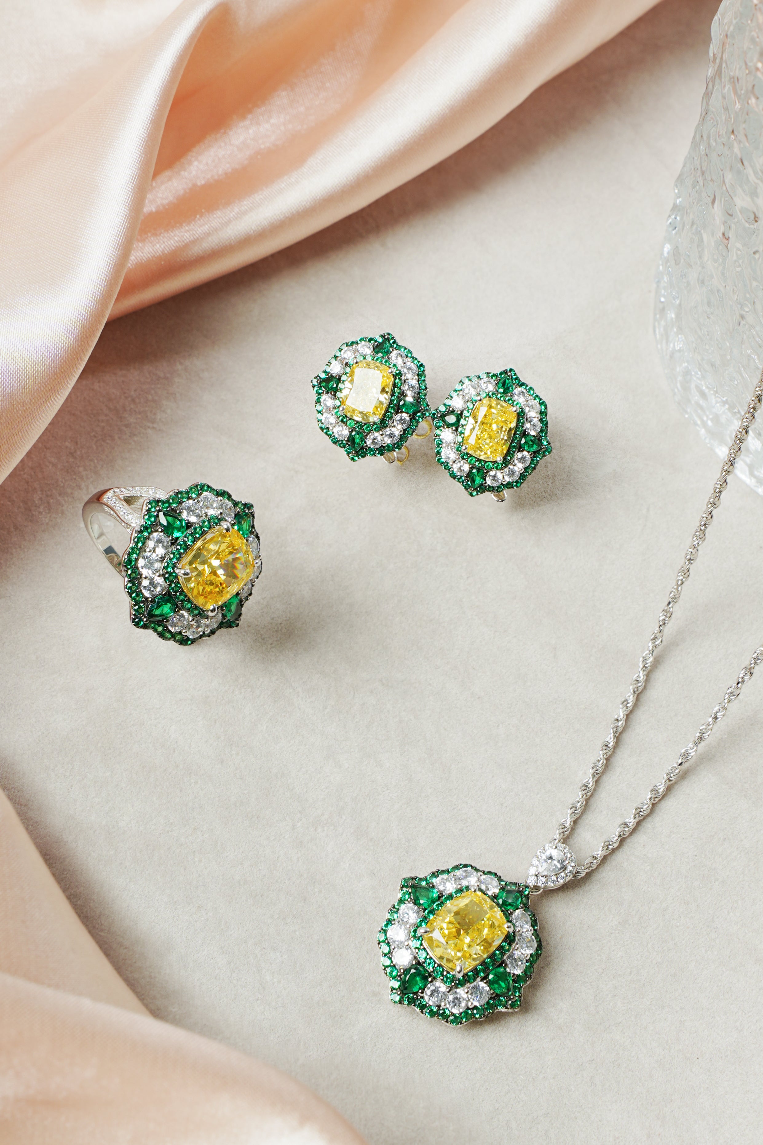 Luxury Yellow & Green Crushed Ice Stone Jewelry Set | 925 Silver Halo Necklace, Earrings & Ring | Wholesale OEM Jewelry Manufacturer