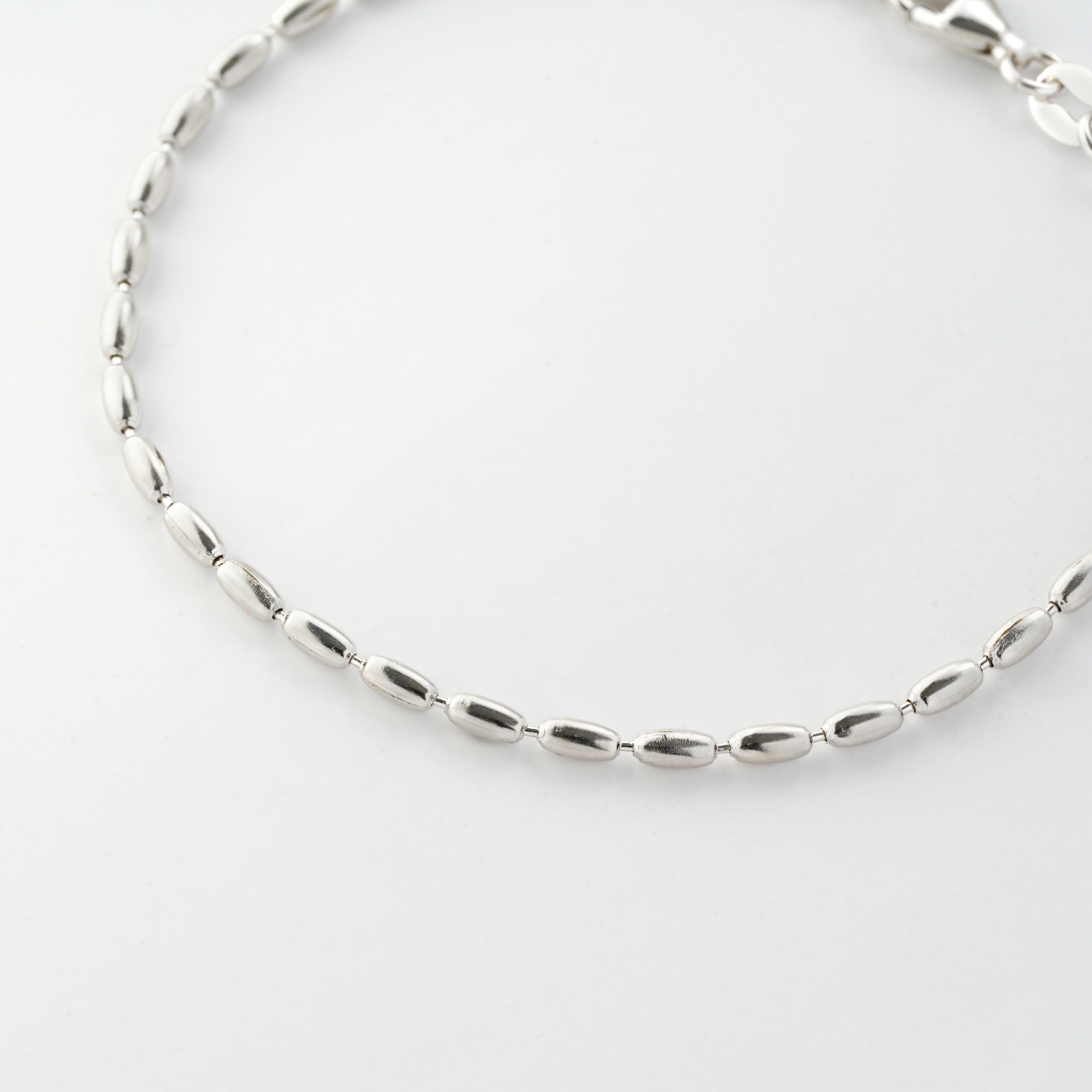 Rhodium-Plated 925 Sterling Silver Rice-Bead Chain Bracelet – Minimalist 195mm Design
