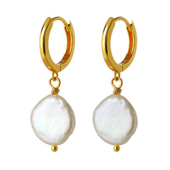 23ct Gold Plated Coin Pearl Drop Earrings – 10mm Pearl on 925 Silver