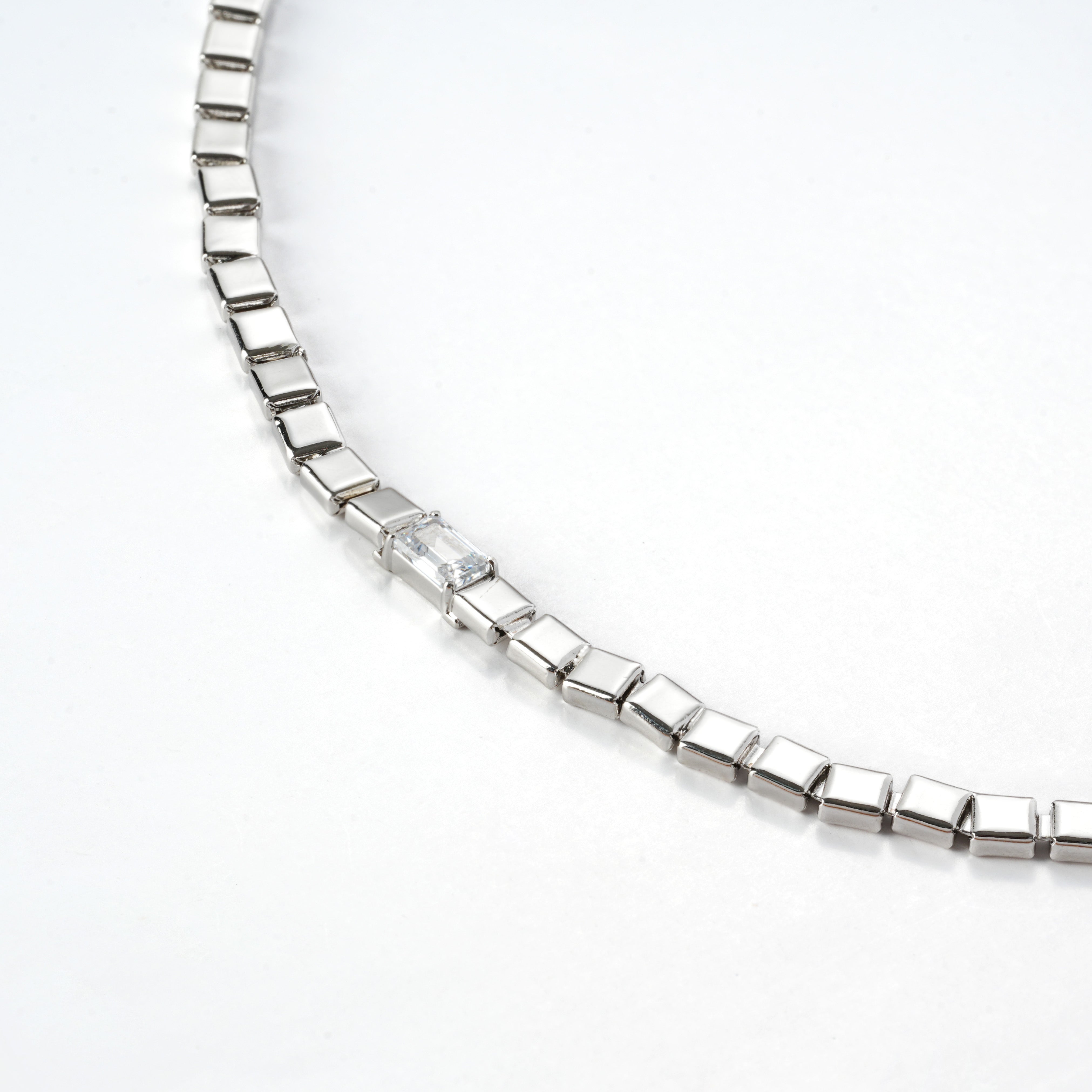 Rhodium-Plated Square Link Necklace with 3A CZ Center Stone