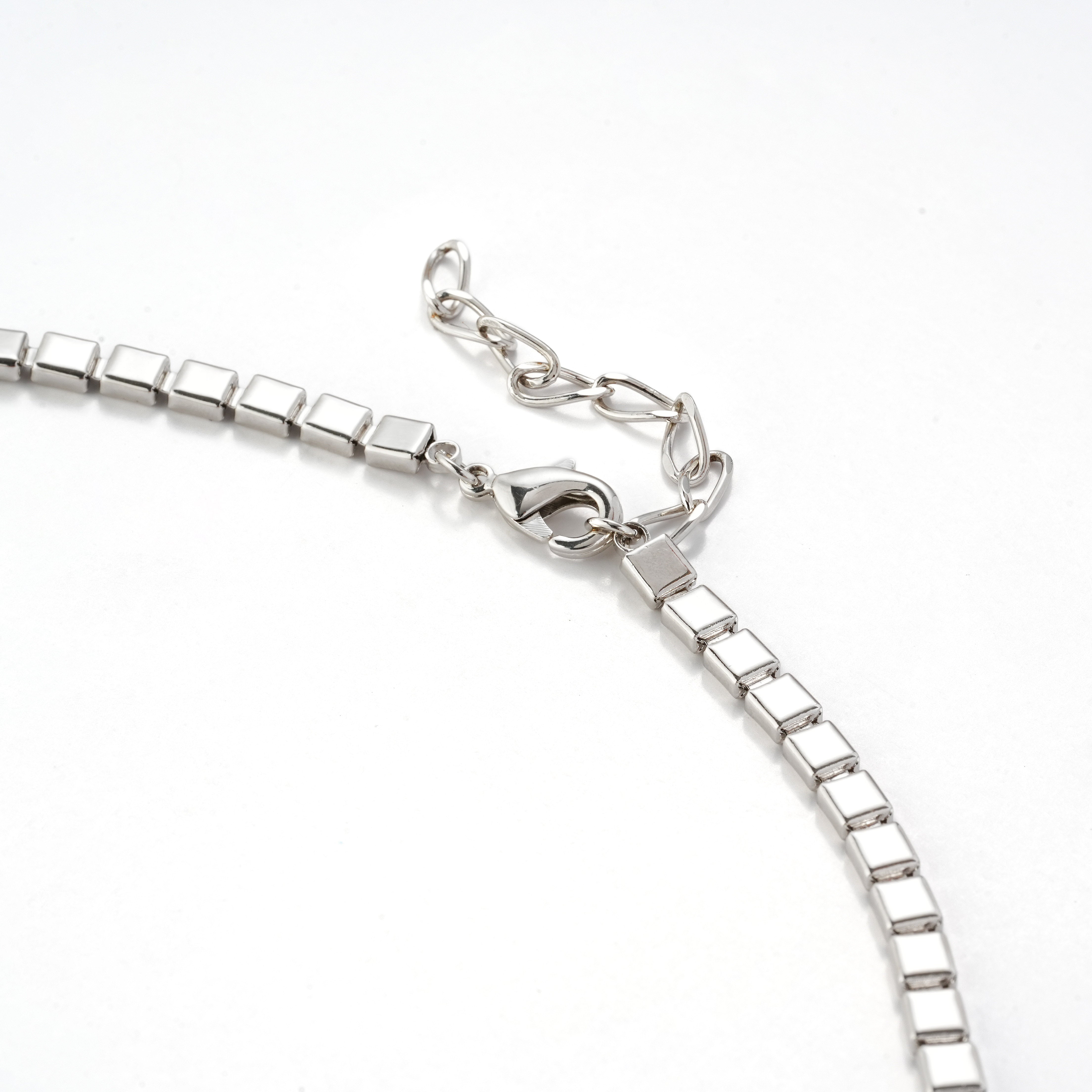 Rhodium-Plated Square Link Necklace with 3A CZ Center Stone