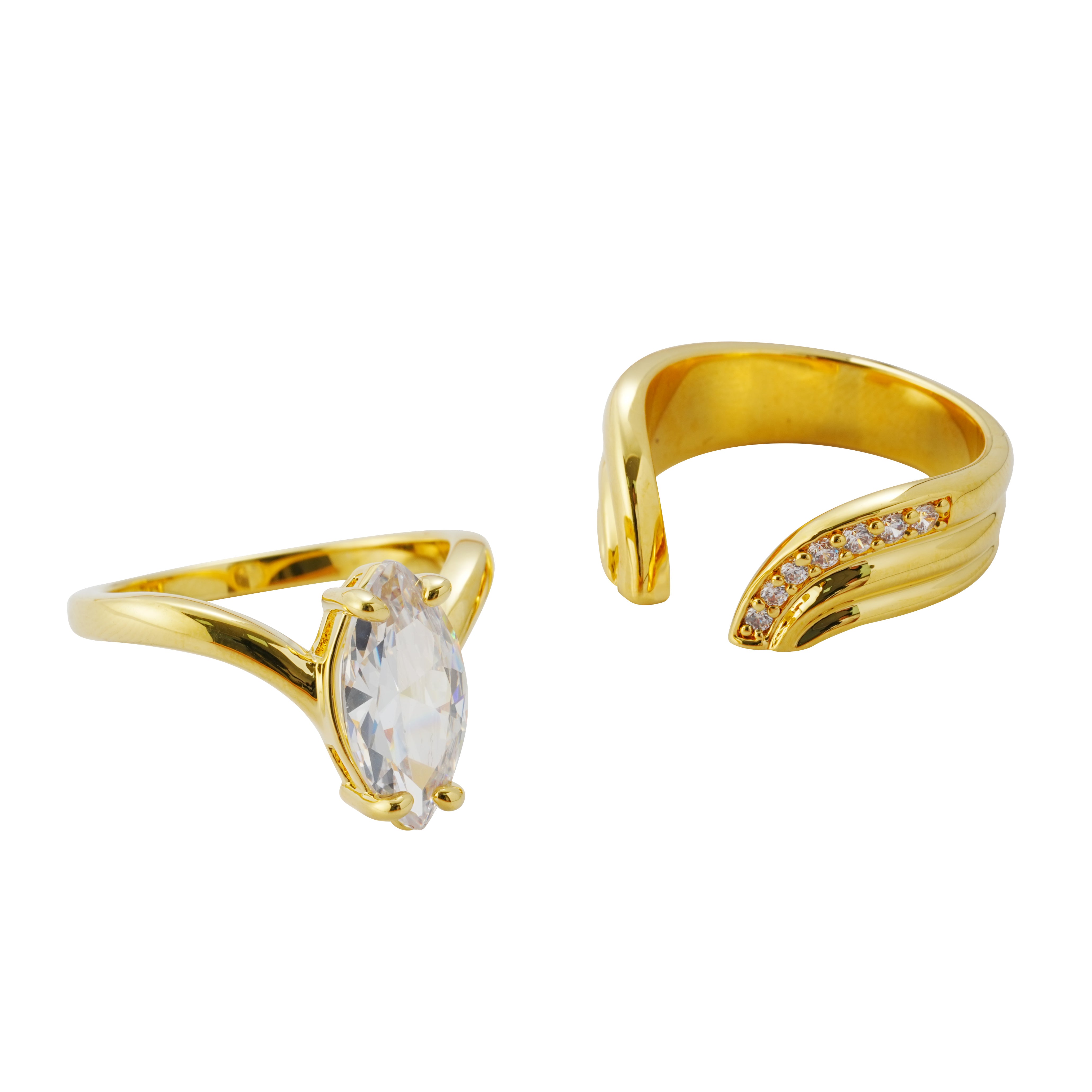 Statement Marquise-Cut Zircon Ring Set (2 PCS) | 14K Gold Plated Brass | Sculpted Bands with Pave Accents