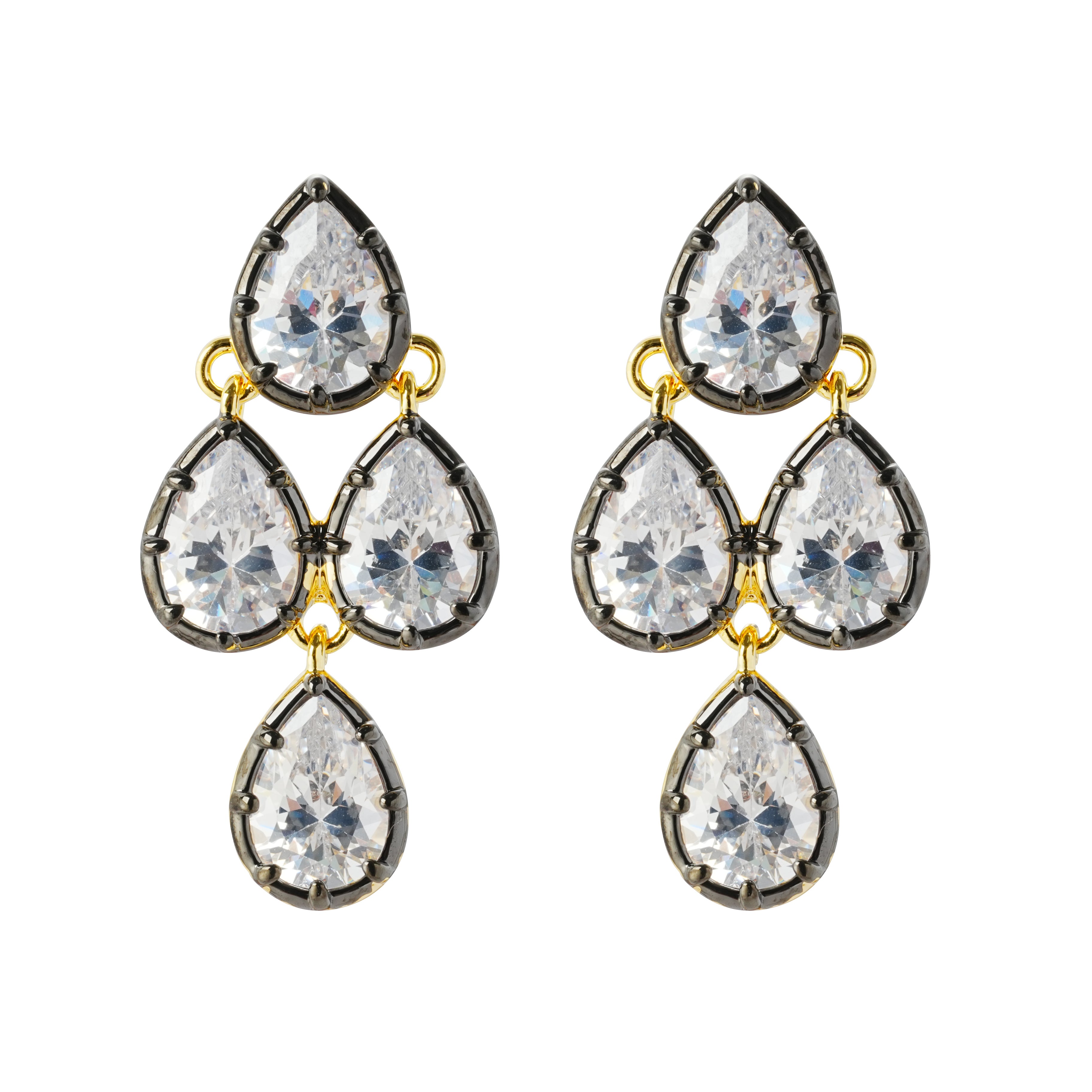 Elegant Cascading Pear-Cut Zircon Drop Earrings with Dual-Tone Plating