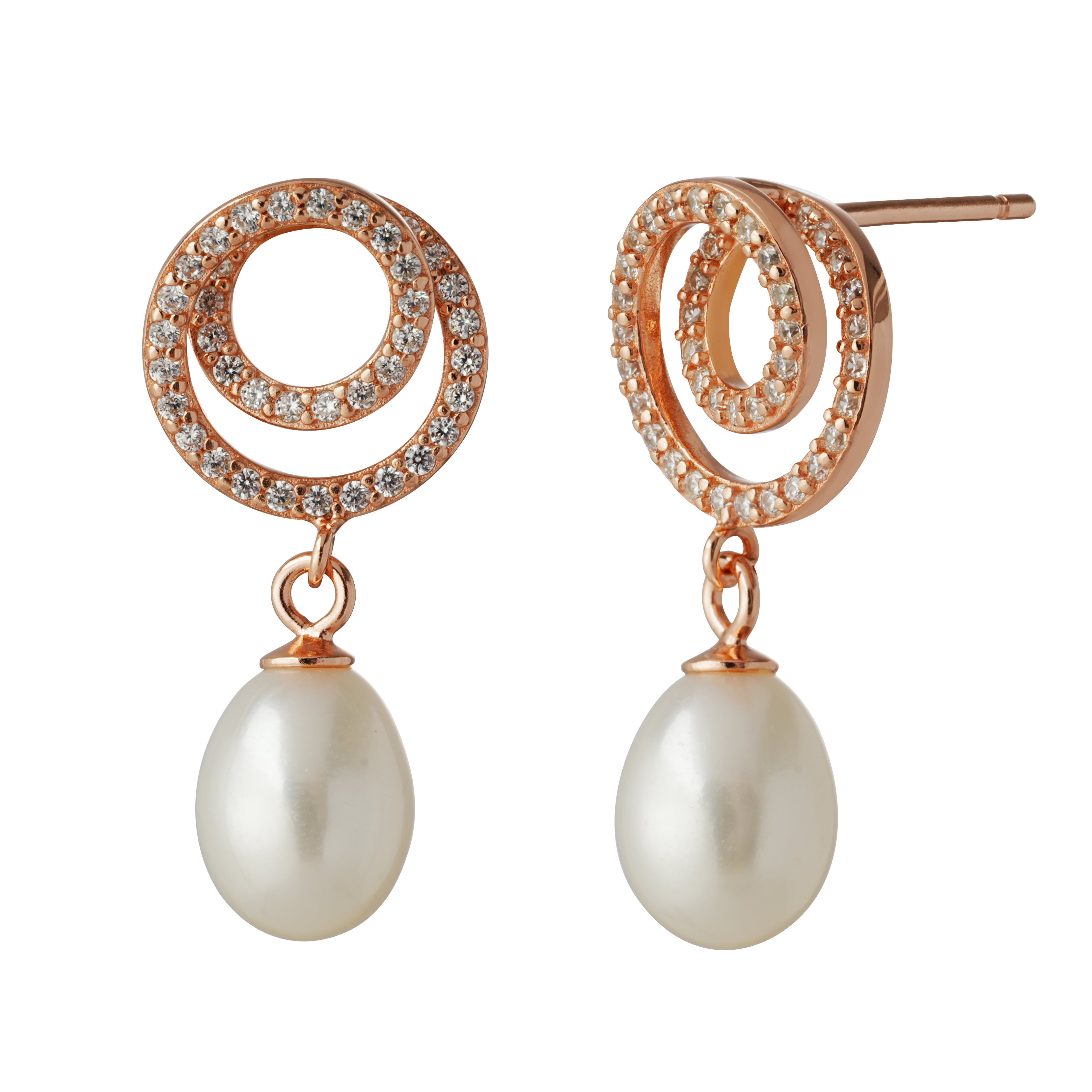 Rose-Gold Plated 925 Sterling Silver Spiral Earrings with Freshwater Pearl Drops